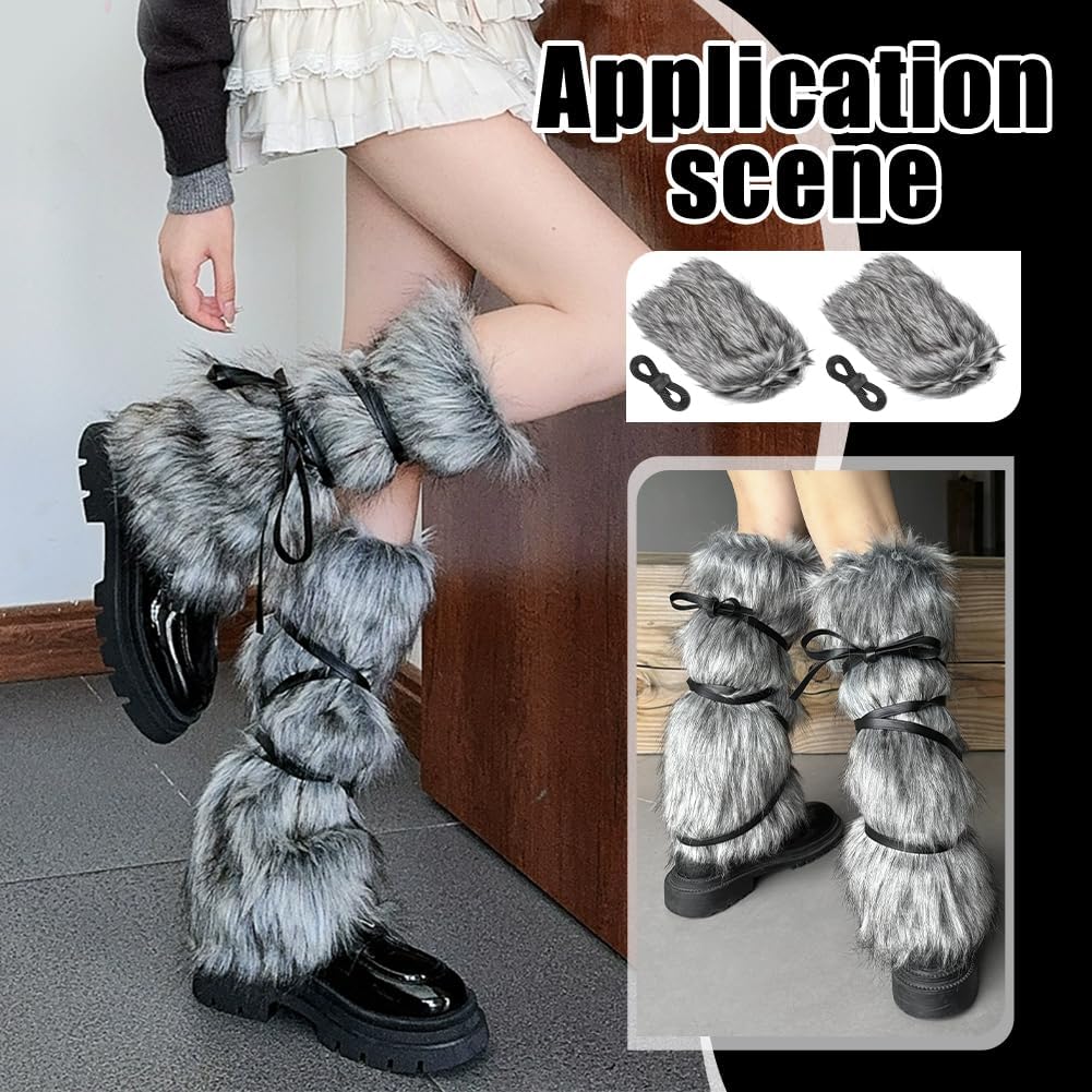 NBEADS Faux Fur Fuzzy Leg Warmers, Women's Furry Boot Covers with Strap Warm Fur Boot Cuffs Medieval Fuzzy Leg Warmers for Women Viking Costume Halloween Cosplay Accessory Gray - Image 5