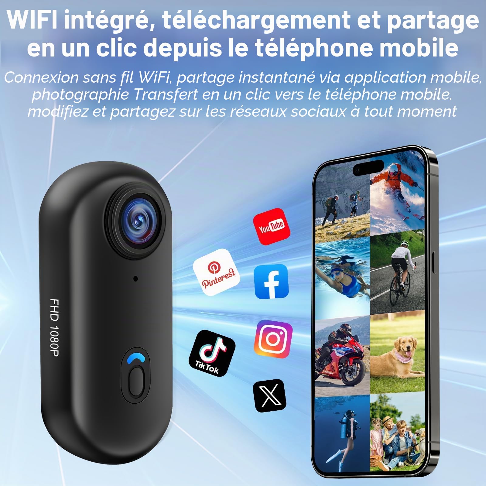 Action Cam WiFi, 1080P Mini Caméra Sport avec 32 Go, Caméra 360°, Vidéo Vélo/Moto Casque, Accessoires Varis pour Voyages/Outdoor/Animaux