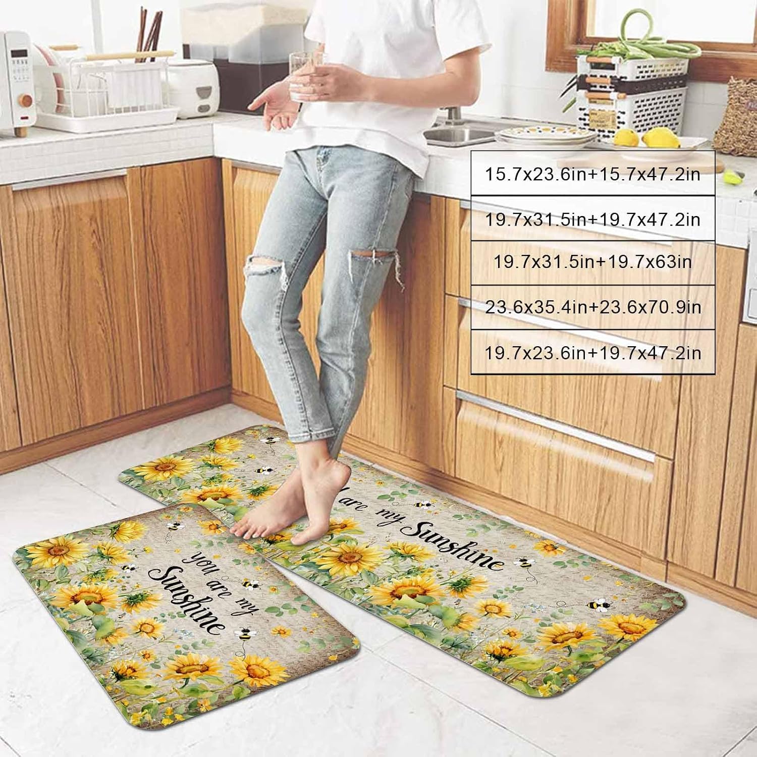 Prime Leader Summer Floral Kitchen Mat Set 2 Pieces Watercolor Sunflower Leaf Bee Linen Texture Non Slip Kitchen Rugs Washable Runner Rug Mats for Sink Laundry (19.7" x 31.5"+19.7" x 47.2")