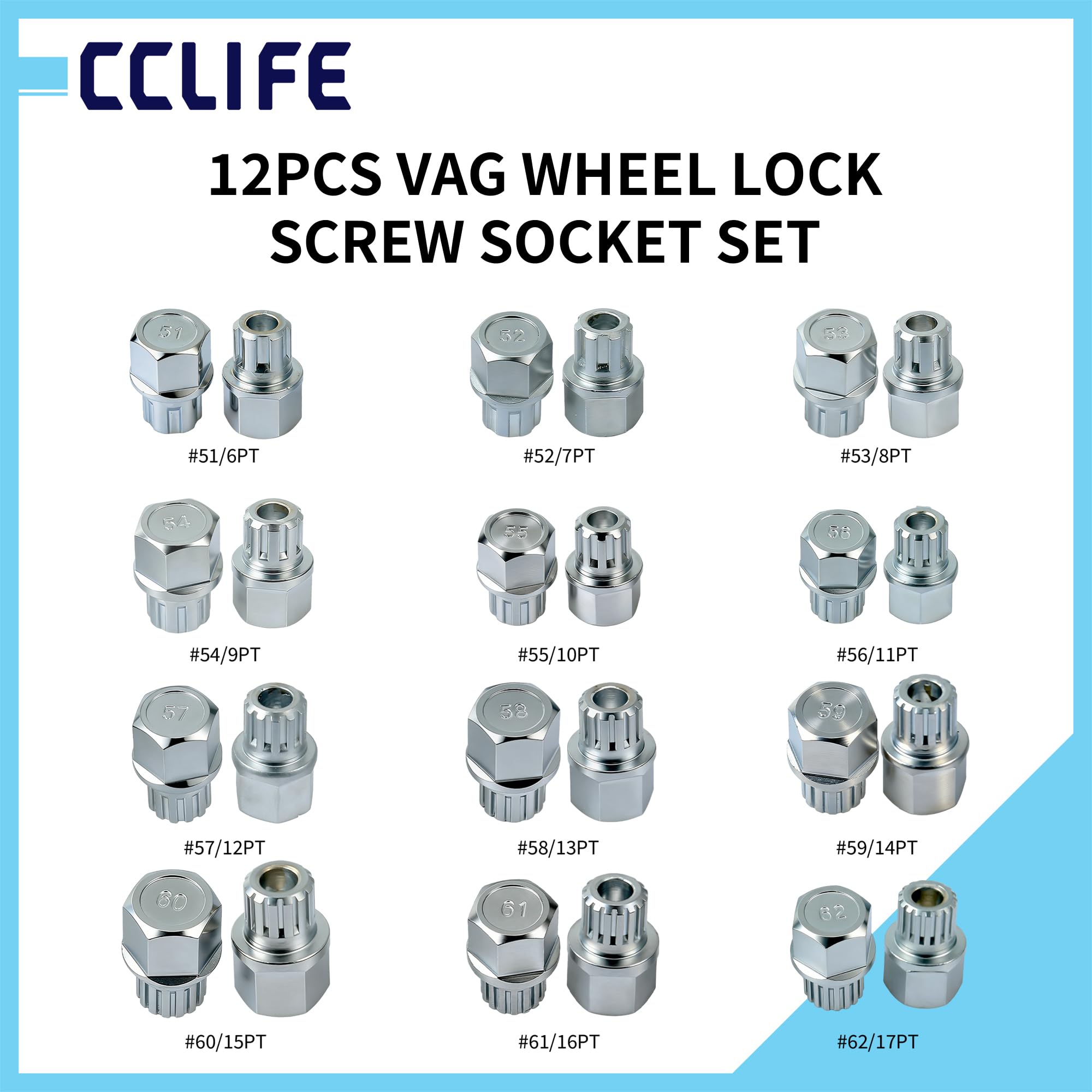 CCLIFE 12-częściowy zestaw kluczy nasadowych do kół z napędem 1/2", do VW, Audi, Skody, Seata