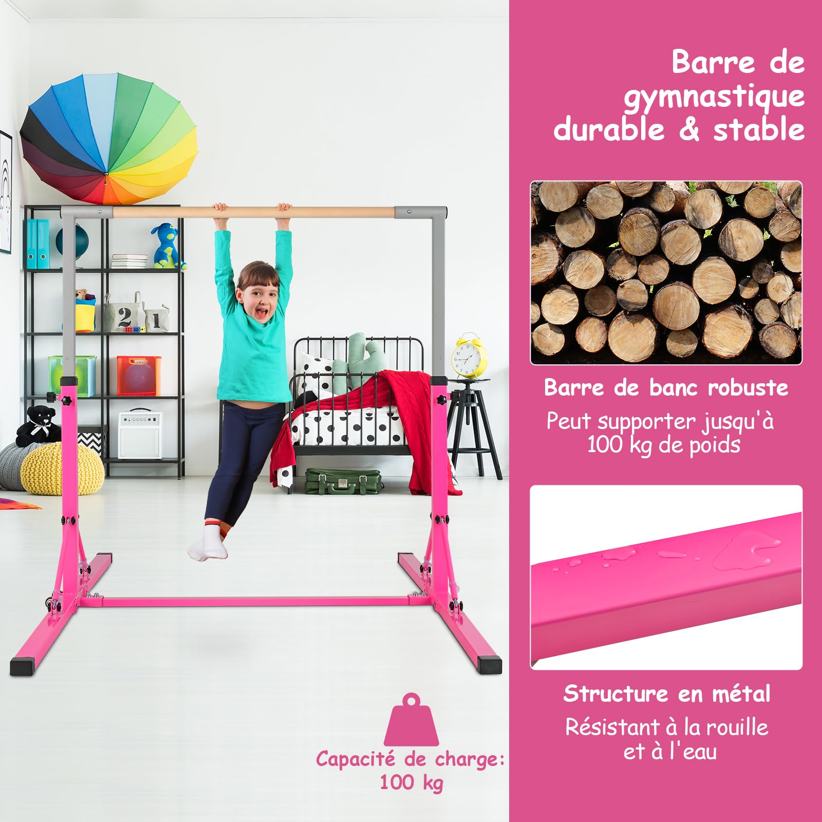 COSTWAY Barre de Gymnastique Pliable pour Enfants avec 13 Hauteurs Réglables (90-150cm), Barre d'Entraînement Extensible avec Structure Triangulaire, Charge 100kg pour Maison Salle de Gym