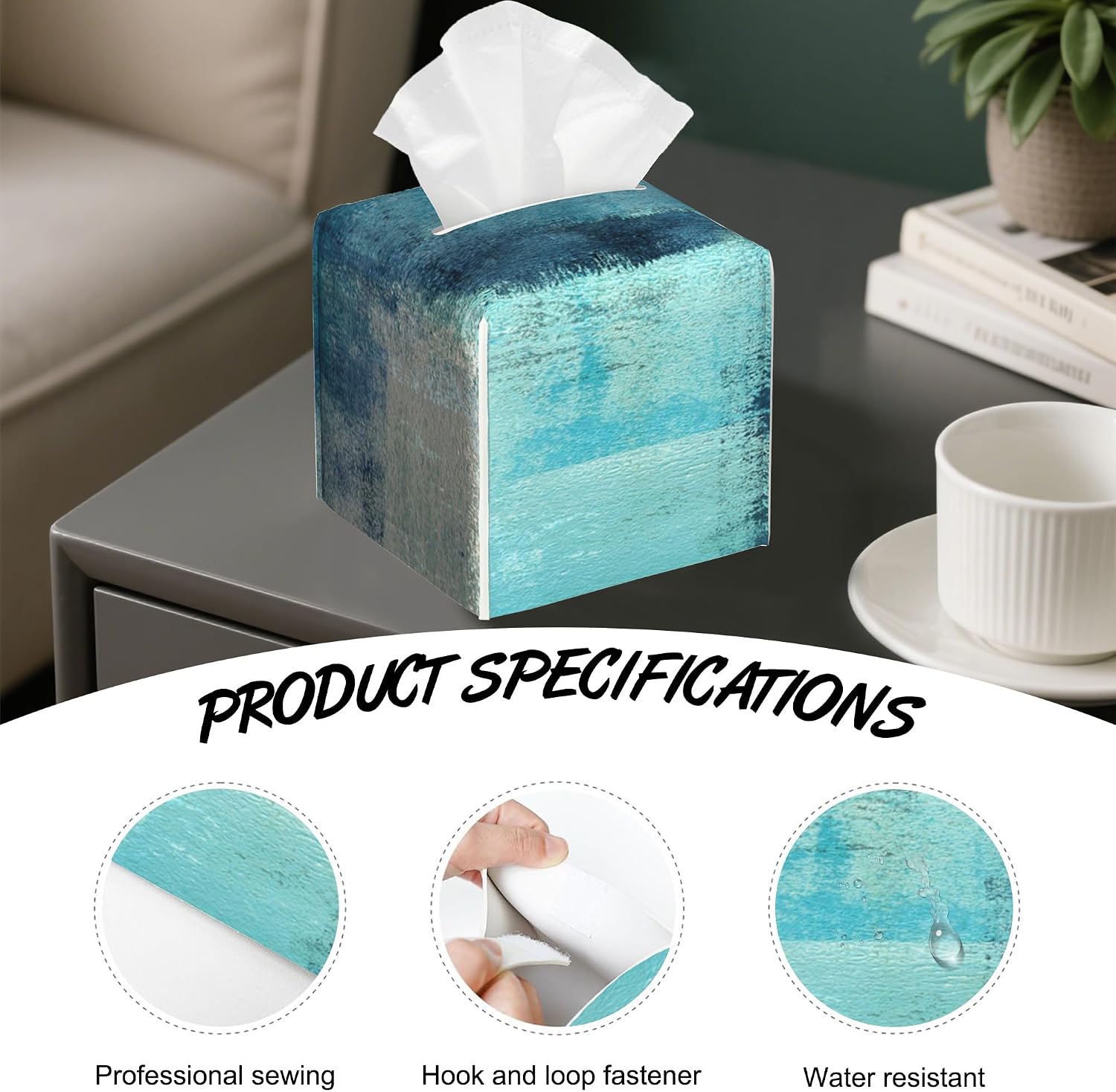 Abstract Turquoise Grey Art Tissue Box Cover,PU Leather Tissue Box Holder Square,Modern Home Decoration for Bathroom Living Room Kitchen Office Car,5.2"×5.2"×5.2"