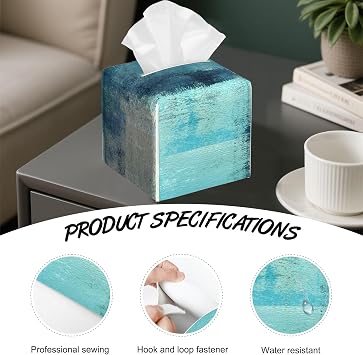 Abstract Turquoise Grey Art Tissue Box Cover,PU Leather Tissue Box Holder Square,Modern Home Decoration for Bathroom Living Room Kitchen Office Car,5.25.25.2