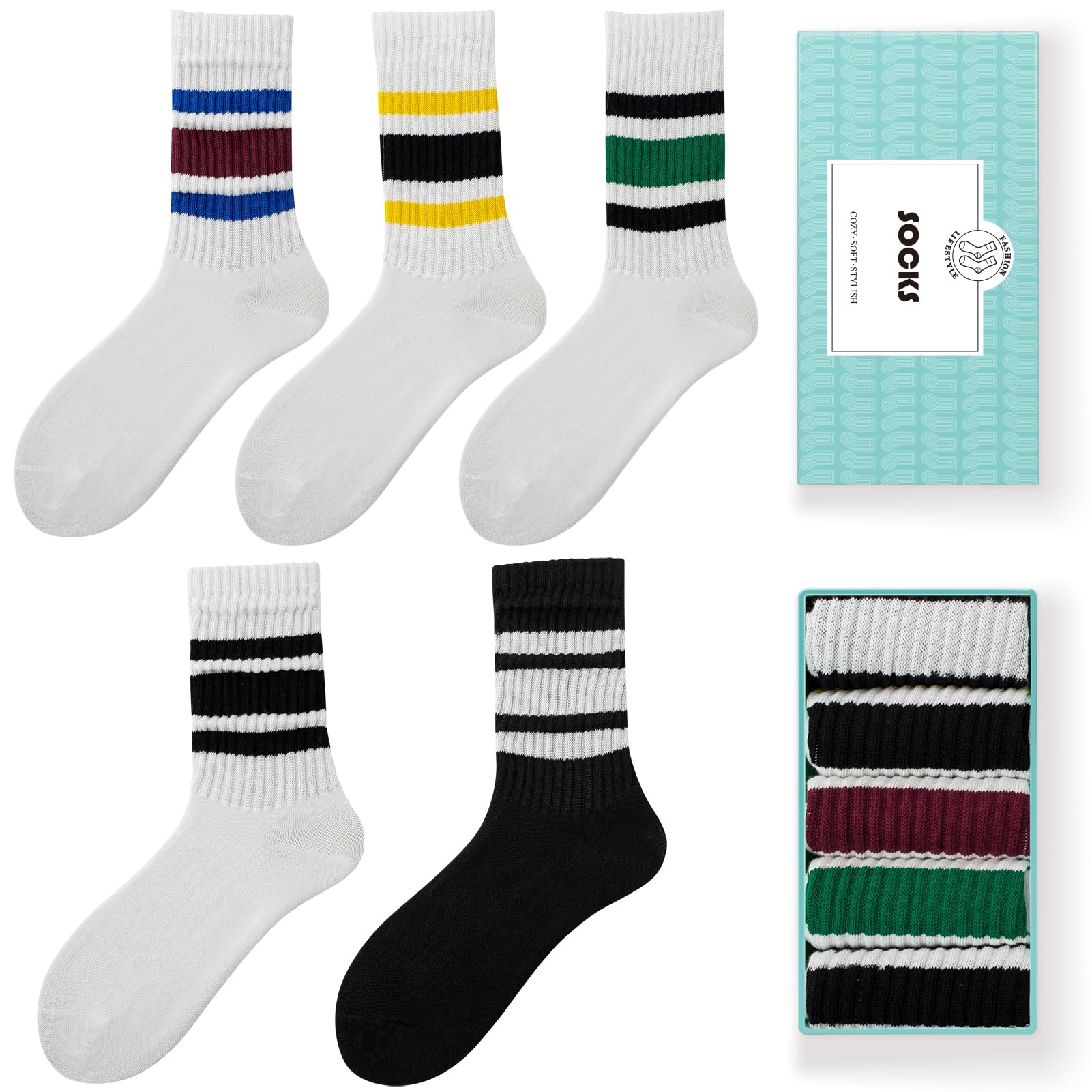 HUGSWEET Striped Retro Crew Breathable Cotton Soft Socks for Women Athletic Casual Thin Novelty Socks for Women or Men