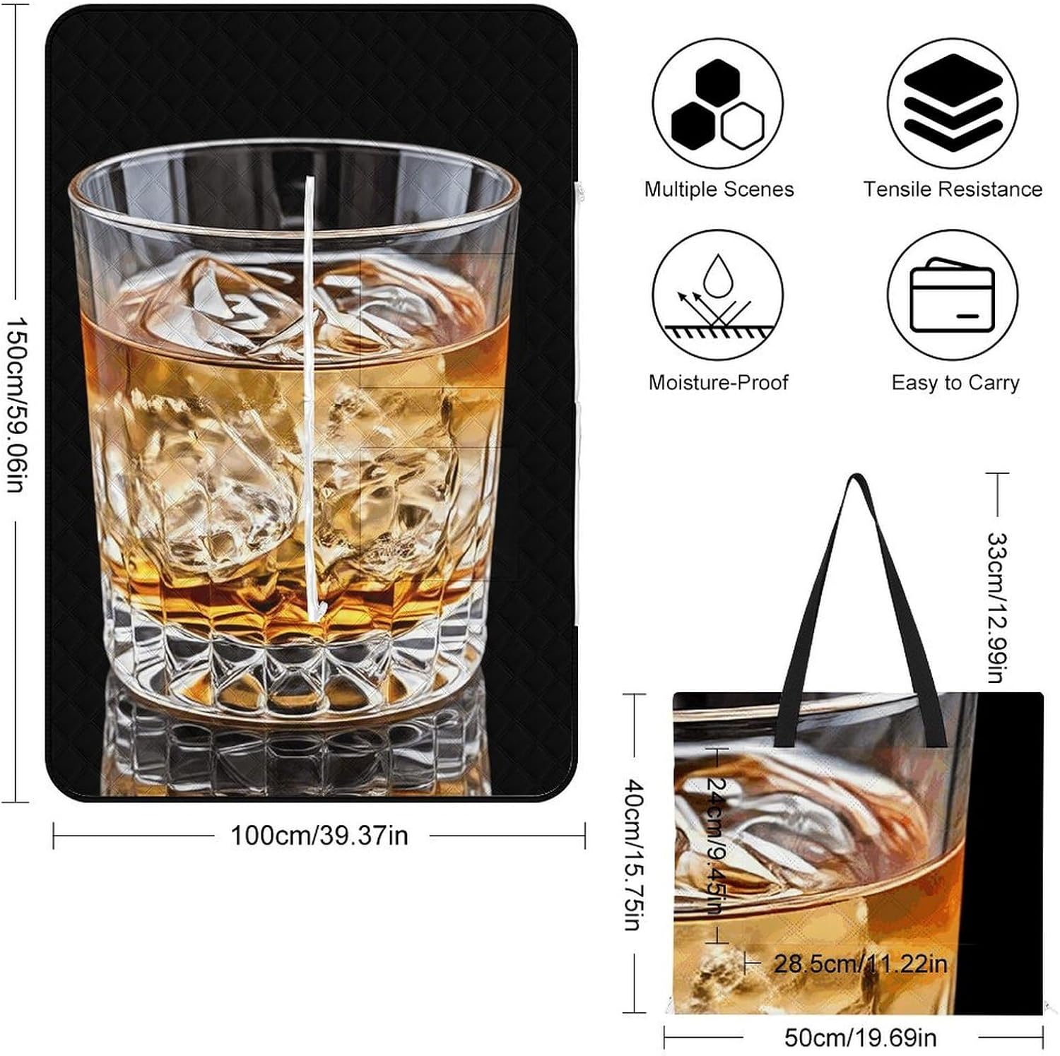 Cocktail Picnic Blanket 150x100cm, Foldable 2-in-1 Picnic Mat and Tote Bag Portable Waterproof Beach Mat Sandproof Outdoor Blanket for Park, Hiking, Beach, Camping, Travel