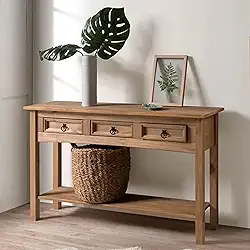 Aparador de Madeira Maciça com 3 Gavetas - 73,2 Alt X 121 Larg X 32,1 Prof - Móveis para Sala, Quarto e Hall de Entrada - Acabamento em Cera, Canvas - Marrom Antique - PENSE DENTRO DA CAIXA