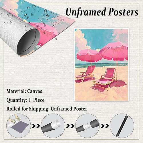 Miniatura 2 de Pintura de playa pastel  11 x 14 pulgadas  Arte de pared costero rosa retro, impresión de paisaje de playa vintage, póster estético de viaje de