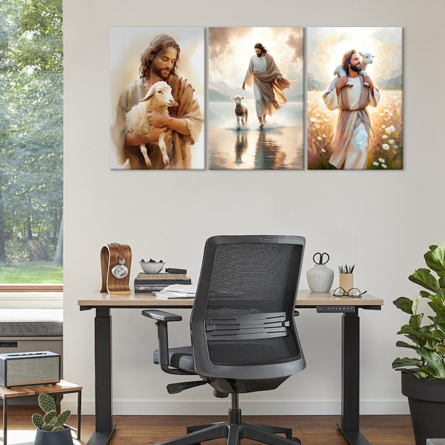 Set of 3 Framed Canvas Wall Art Jesus Saves The Lost Lamb & Jesus Walking On Water Religious Artwork Christian Wall Decor Painting HD Print Poster for Bedroom Living Room Church 16x24inch