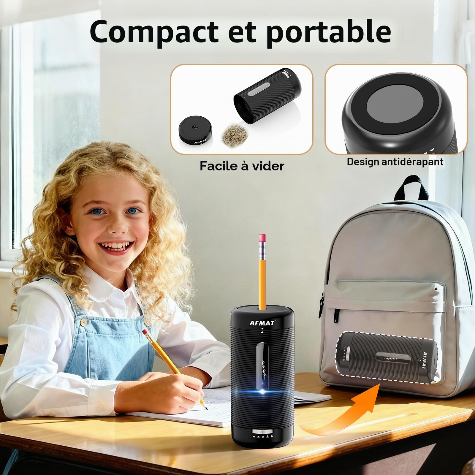 AFMAT Taille-crayon électrique entièrement automatique avec récipient, rechargeable pour crayons de 6,5 à 12 mm, entrée et sortie automatique, arrêt automatique pour la maison, le bureau, l'école