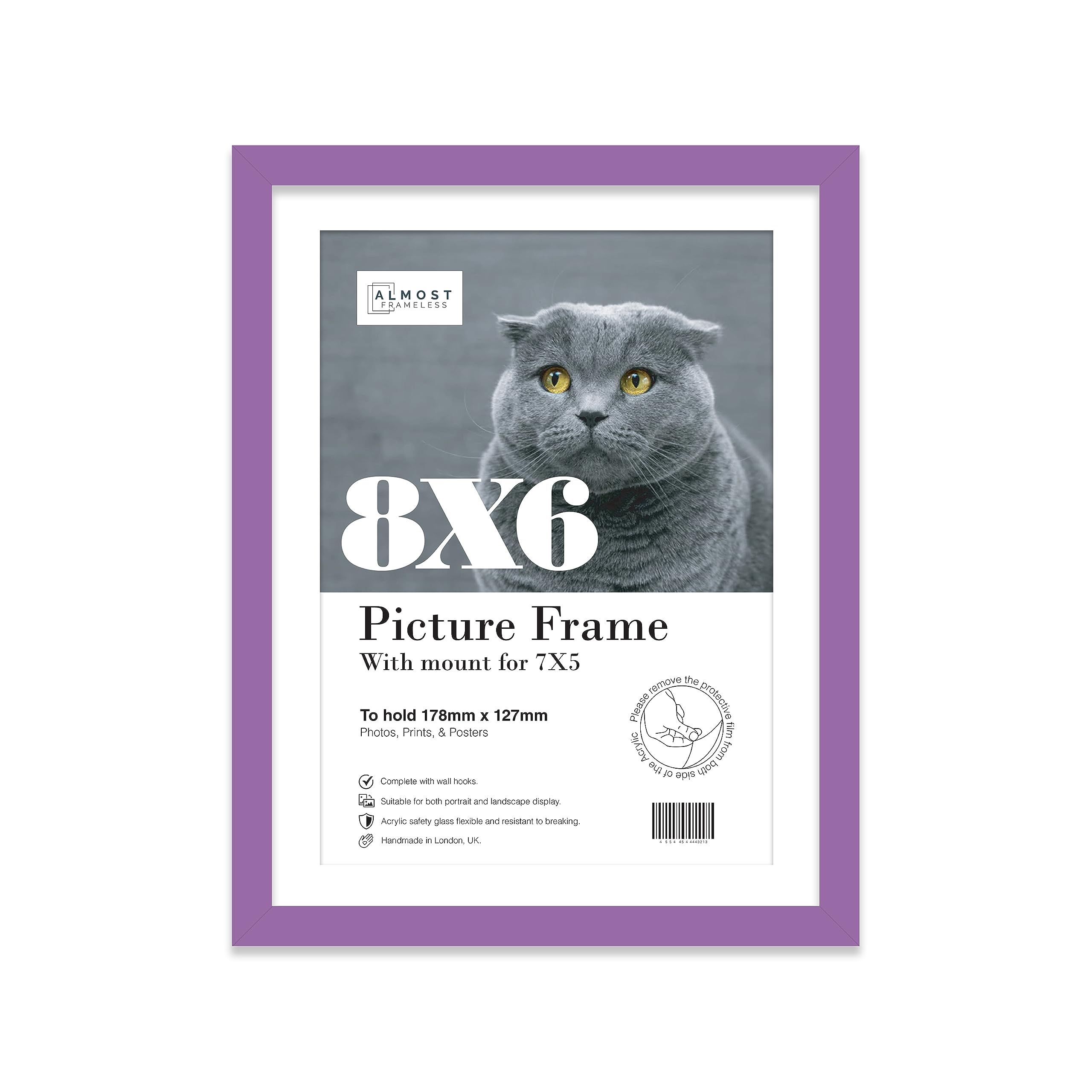 Almost Frameless 8x6 Purple Picture Frame With Mount for 7x5 Print, Poster or Photo Poster, Photo, Artwork, or Print. Thin Edge Slim Frame Portrait and Landscape Display with Wall Hooks