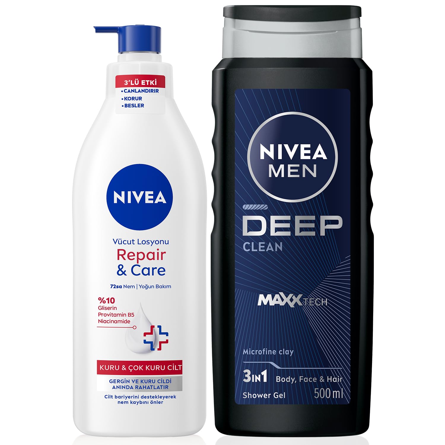 Nivea MEN Erkek Deep Dimension Duş Jeli 500ml ve Repair&Care Nemlendirici Vücut Losyonu 400ml, Kuru Cilt