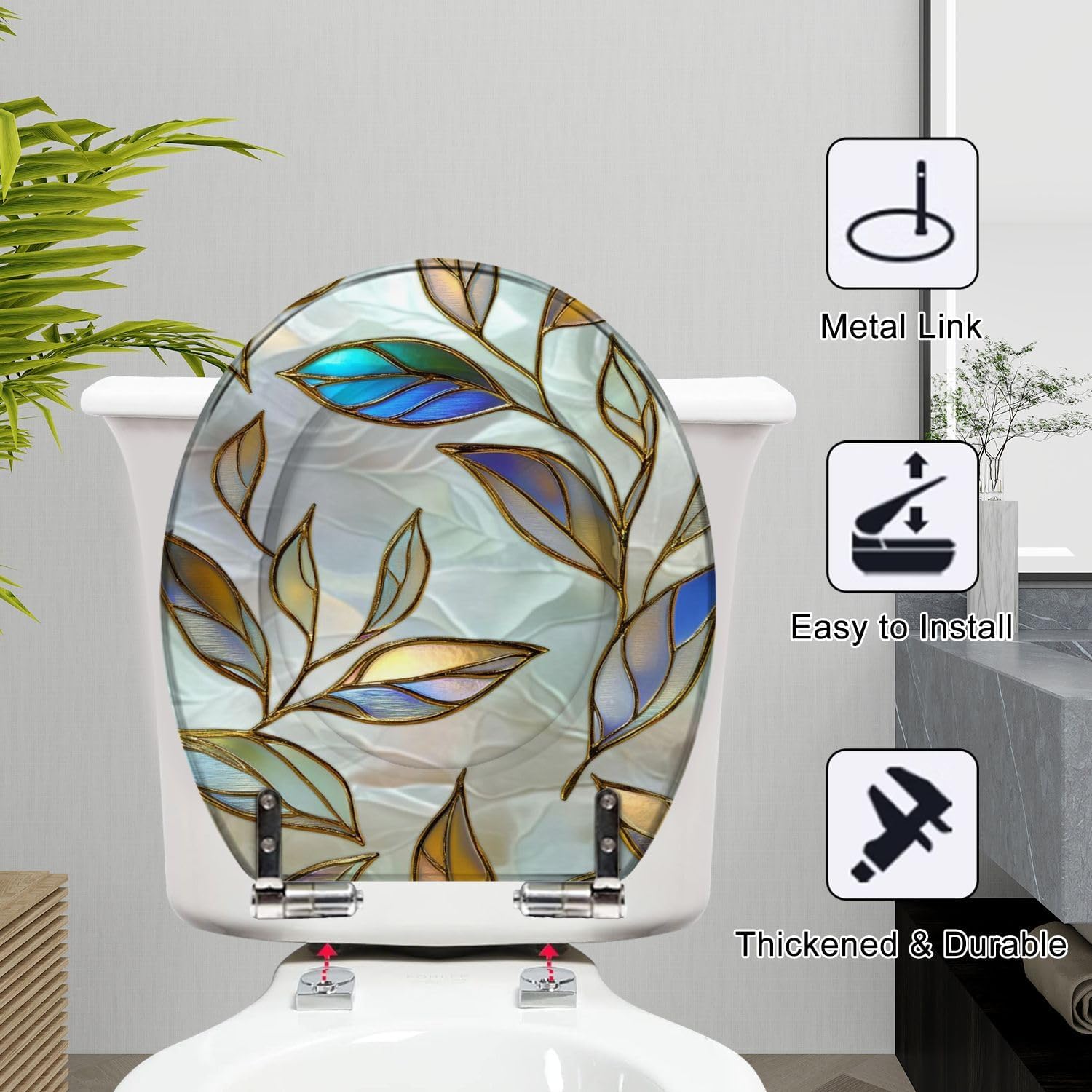 Round Toilet Seat Leaves stylized mother pearl seamless texture 3d Resin Toilet Seat Slow Quiet Close Lid with Quick-Release Hinges Cover Bumpers Easy to Clean Install