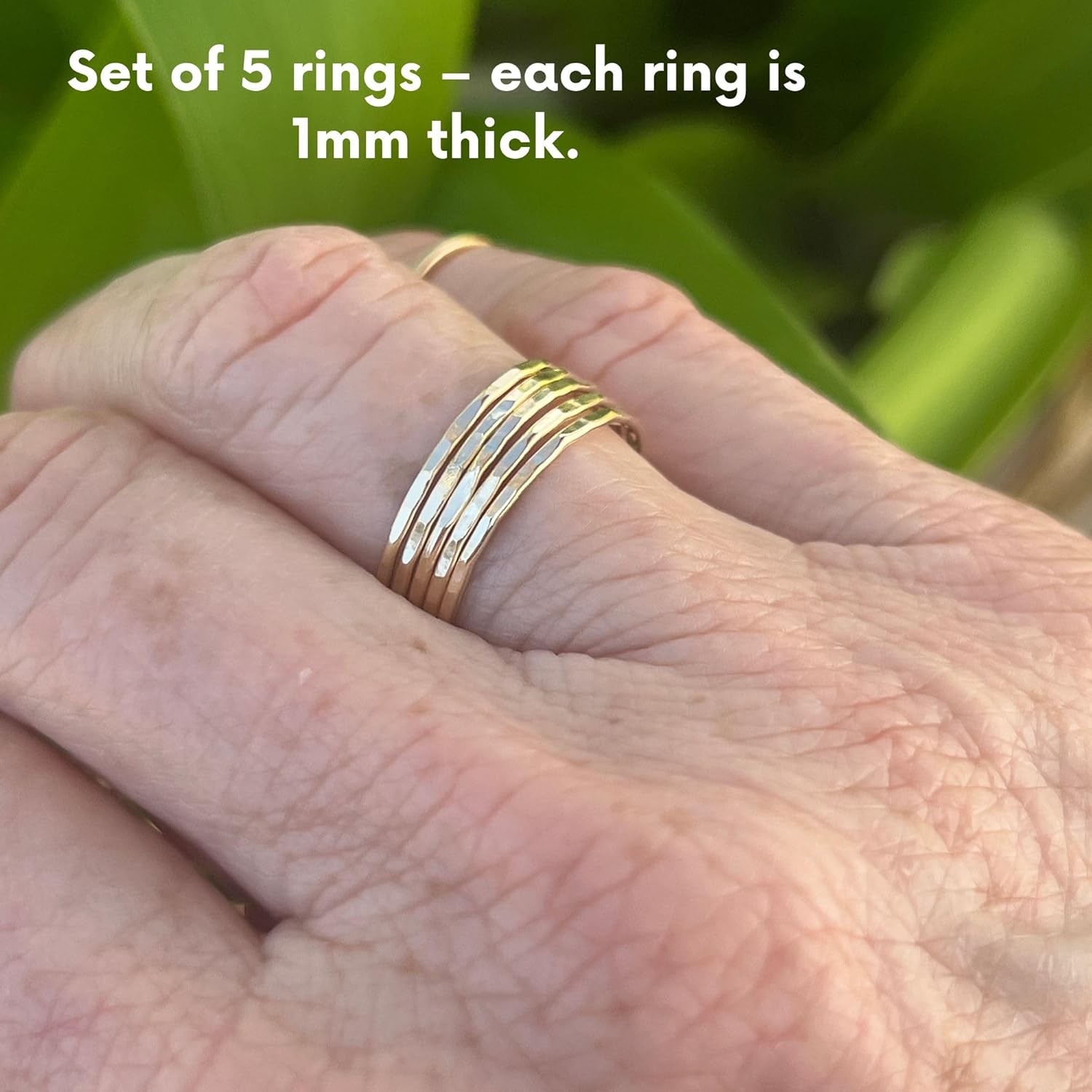 Ellie J Maui Hammered Gold Ring, Set of 5 Gold Stacking Rings, Minimalist Rings, Skinny Rings for Women, Rose Gold Filled/Gold Filed - Ring Size 1-10