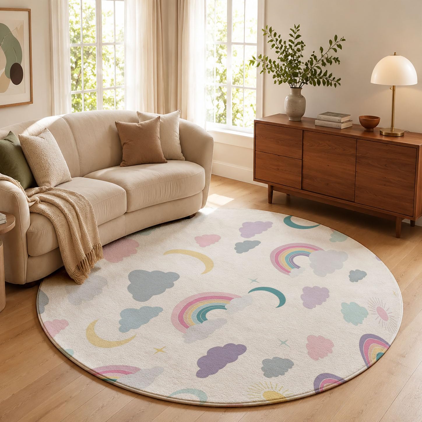 Tapis Poil Court Rond Ciel Minimaliste, Tapis Moelleux Imitation Cachemire Chambre Salon Nuages Lune Arc en Ciel Moquette Doux Lavable pour Salle à Manger Chambre D’Enfant (Bleu Clair, 200cm)