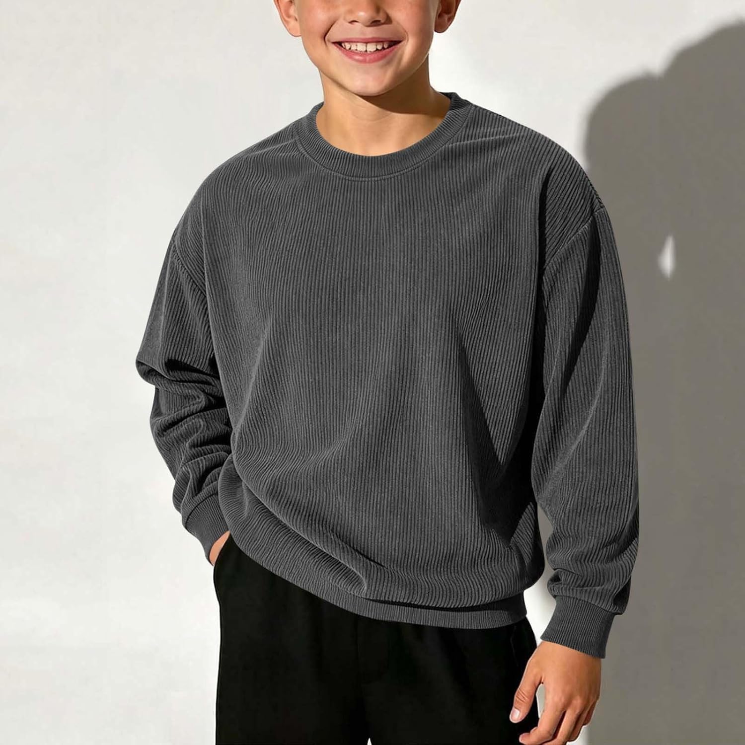 Boys Waffle Knit Crewneck Sweatshirt Textured Pullover Top