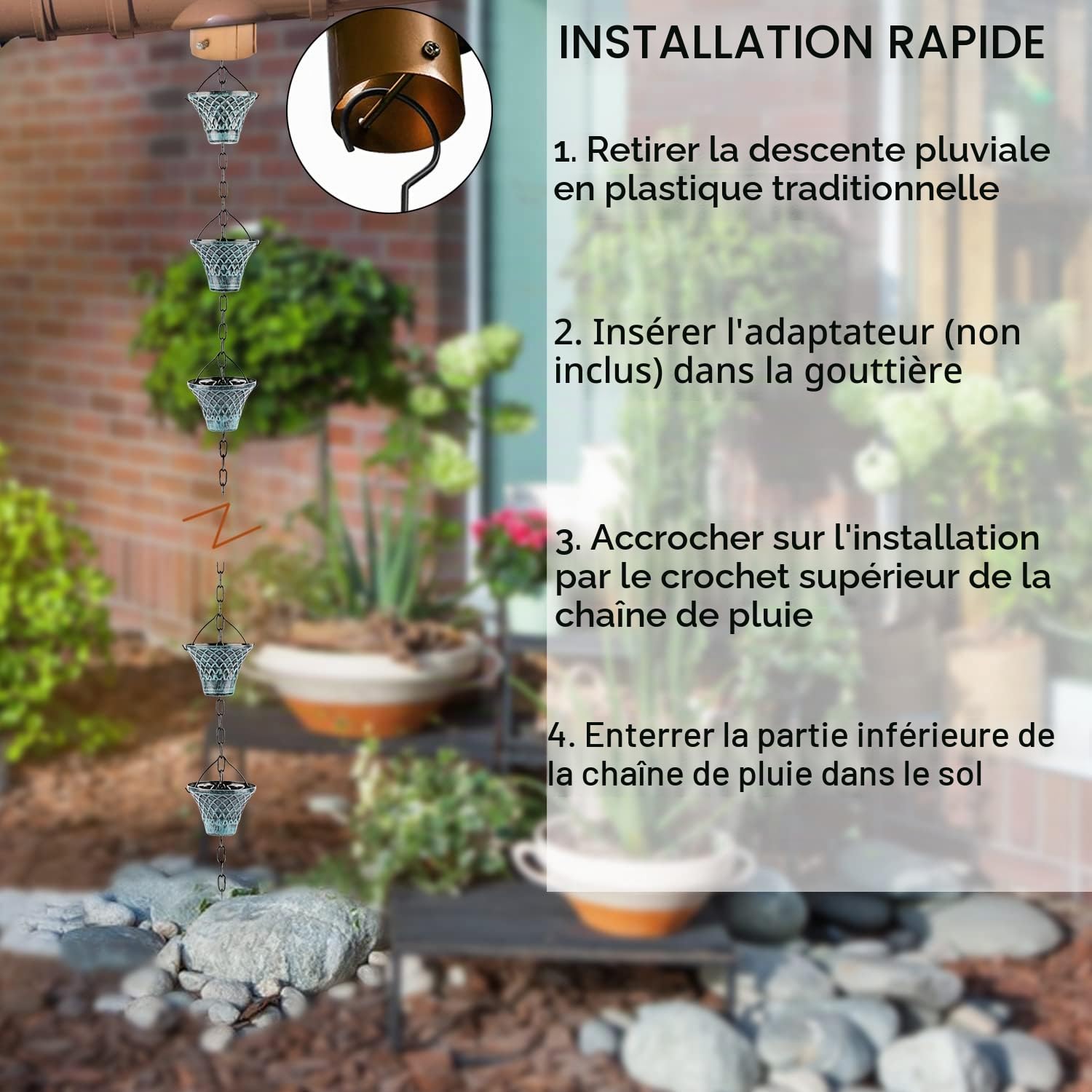 Tfro & Cile Chaîne de Pluie pour gouttière - Attrape-Goutte d'eau - Décoration de Jardin - 2,5 m de Long