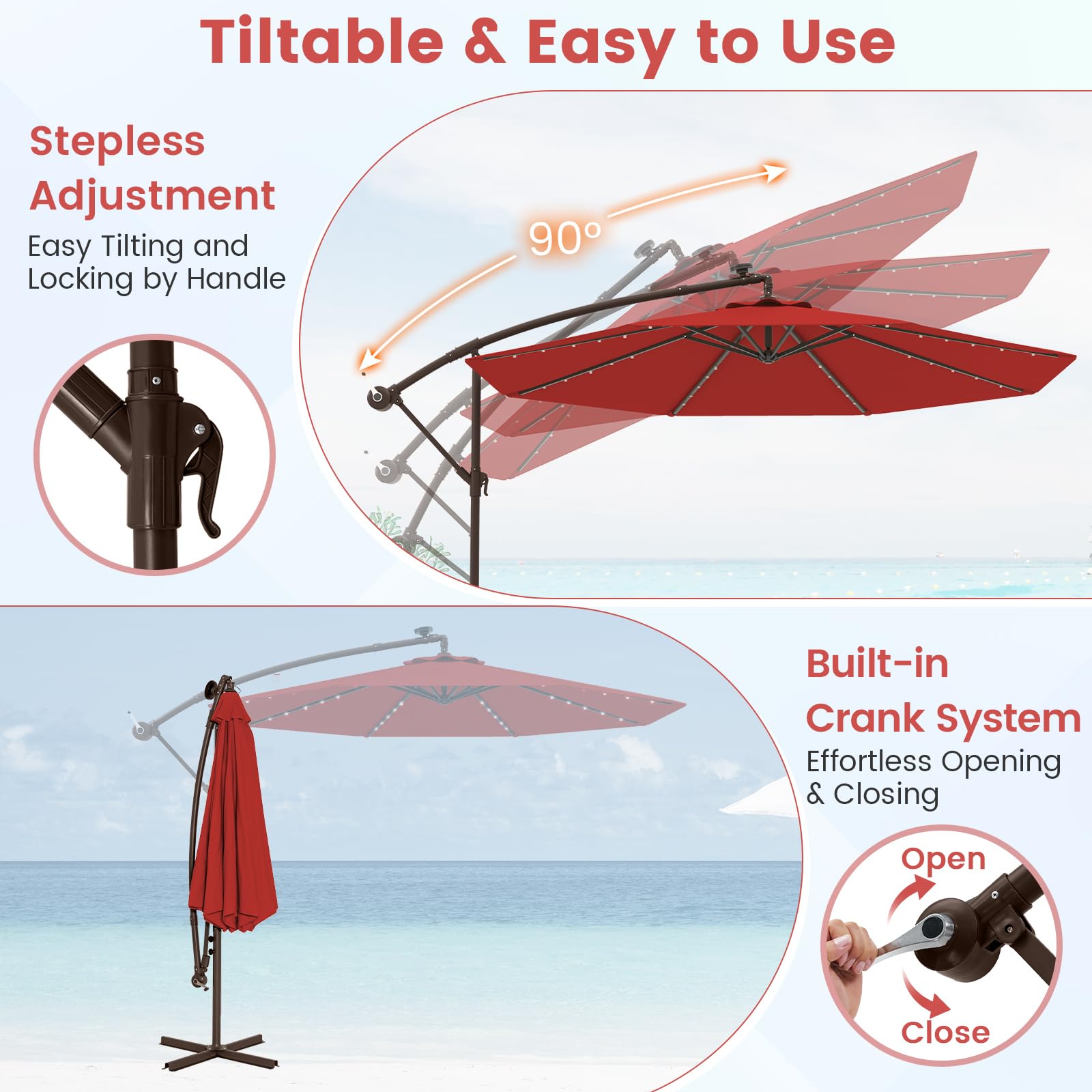 Diagram showing the crank handle for opening and closing the umbrella, and the tilt adjustment mechanism.