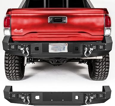 Rear Bumper for T-acoma, AAIWA Pickup Truck Off Road Bumper with 4 LED Lights and 2 D-ring Compatible with Toyota T-acoma 2005-2015, Textured Black