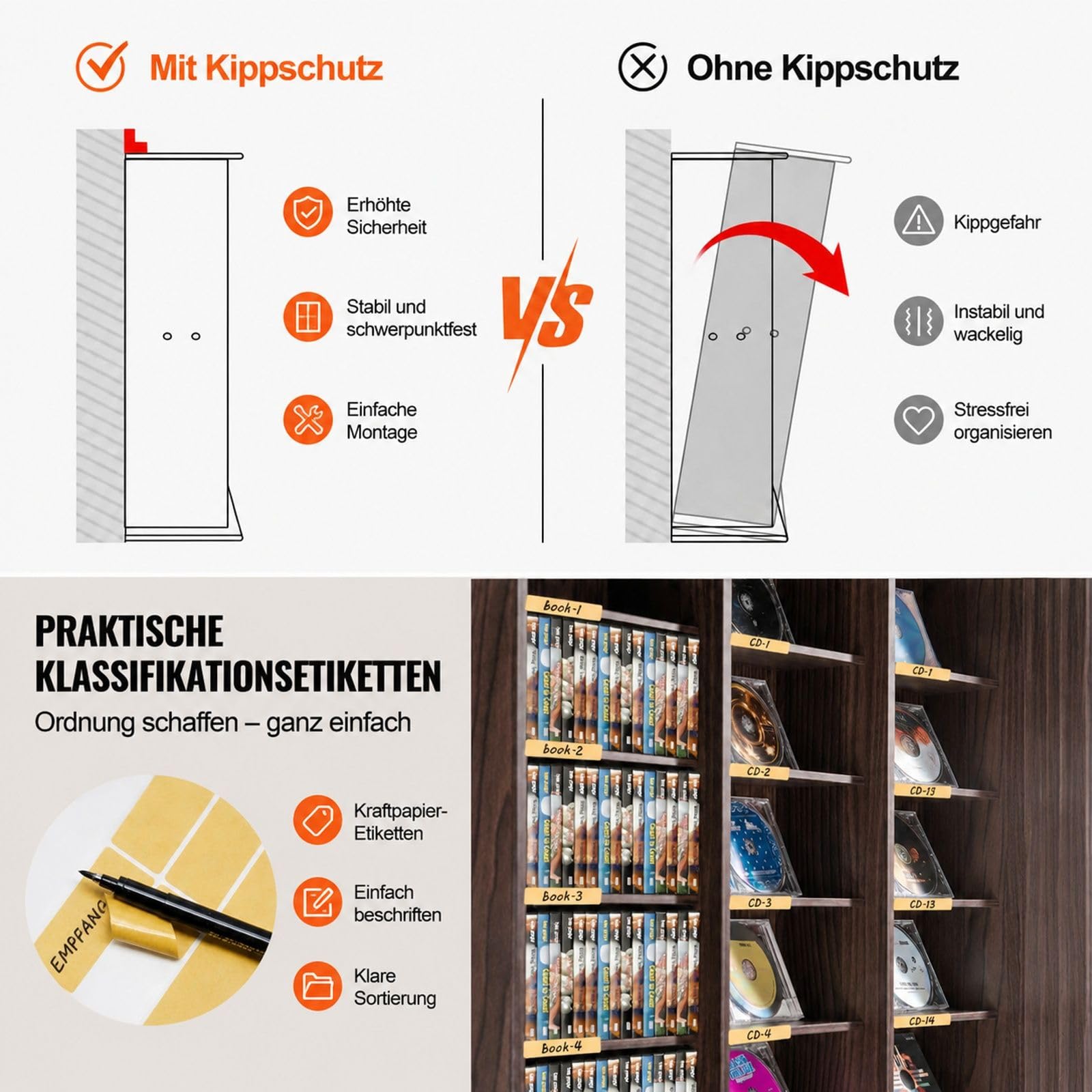 Medien Aufbewahrungsschrank in Espresso mit 27 Fächern und verstellbaren Regalen für DVDs und CDs