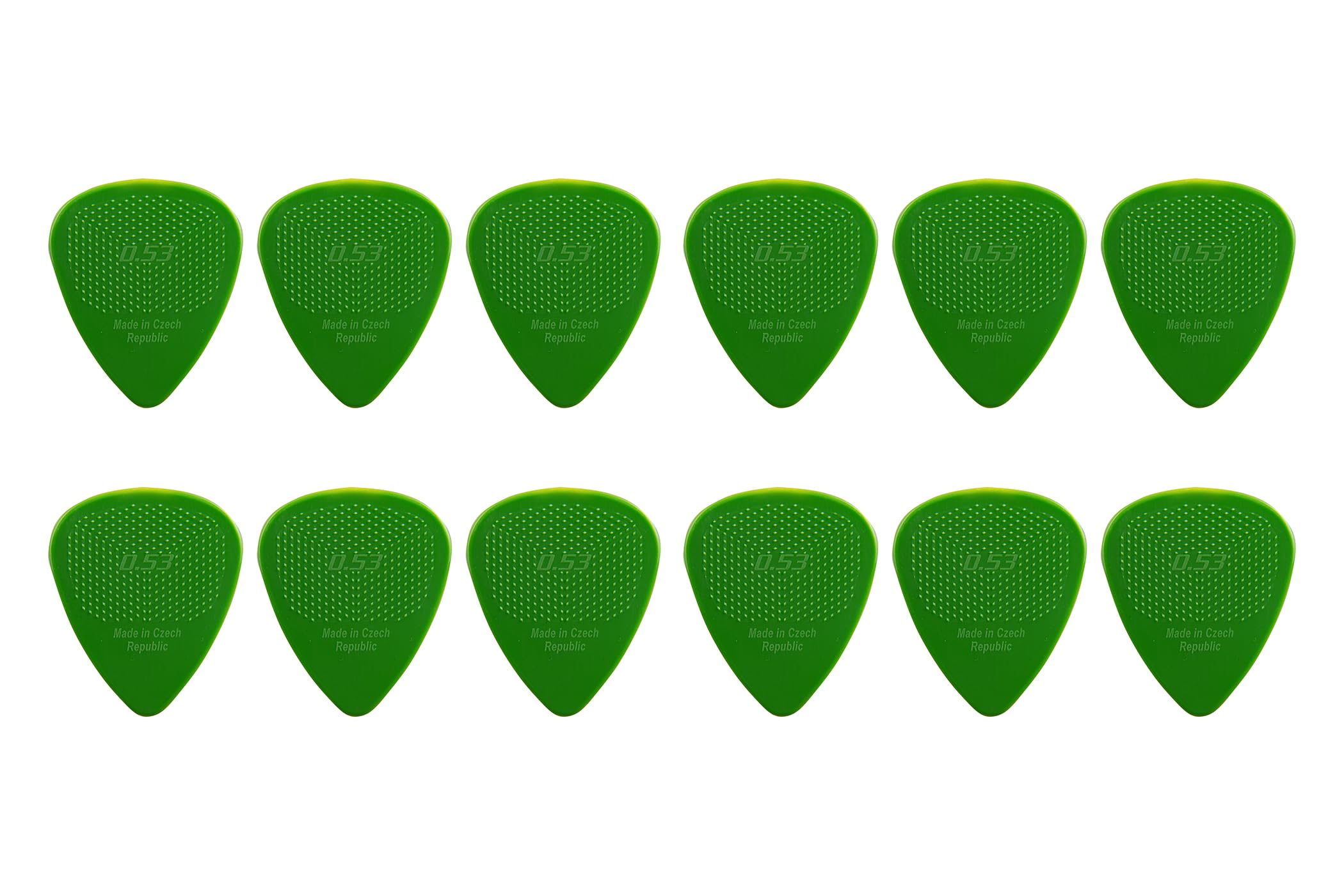 D-Grip Plectrum, Janicek Nylon Picks, Standard 351 Shape, 0.53 mm Green, Pack of 12, with non-slip textured surface