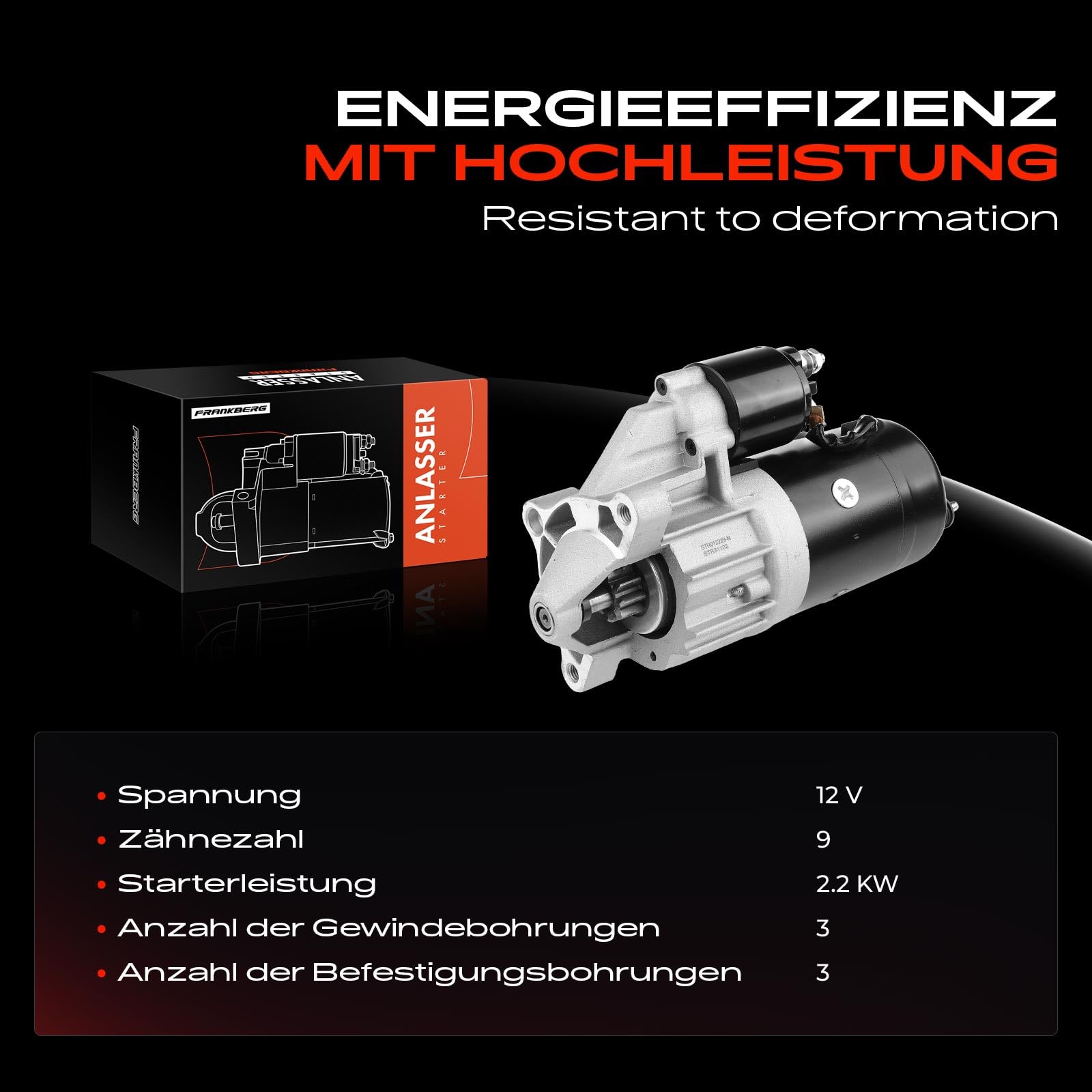 Frankberg Motor de arranque para automóvil Diesel 2,2 KW/12 V/9 dientes