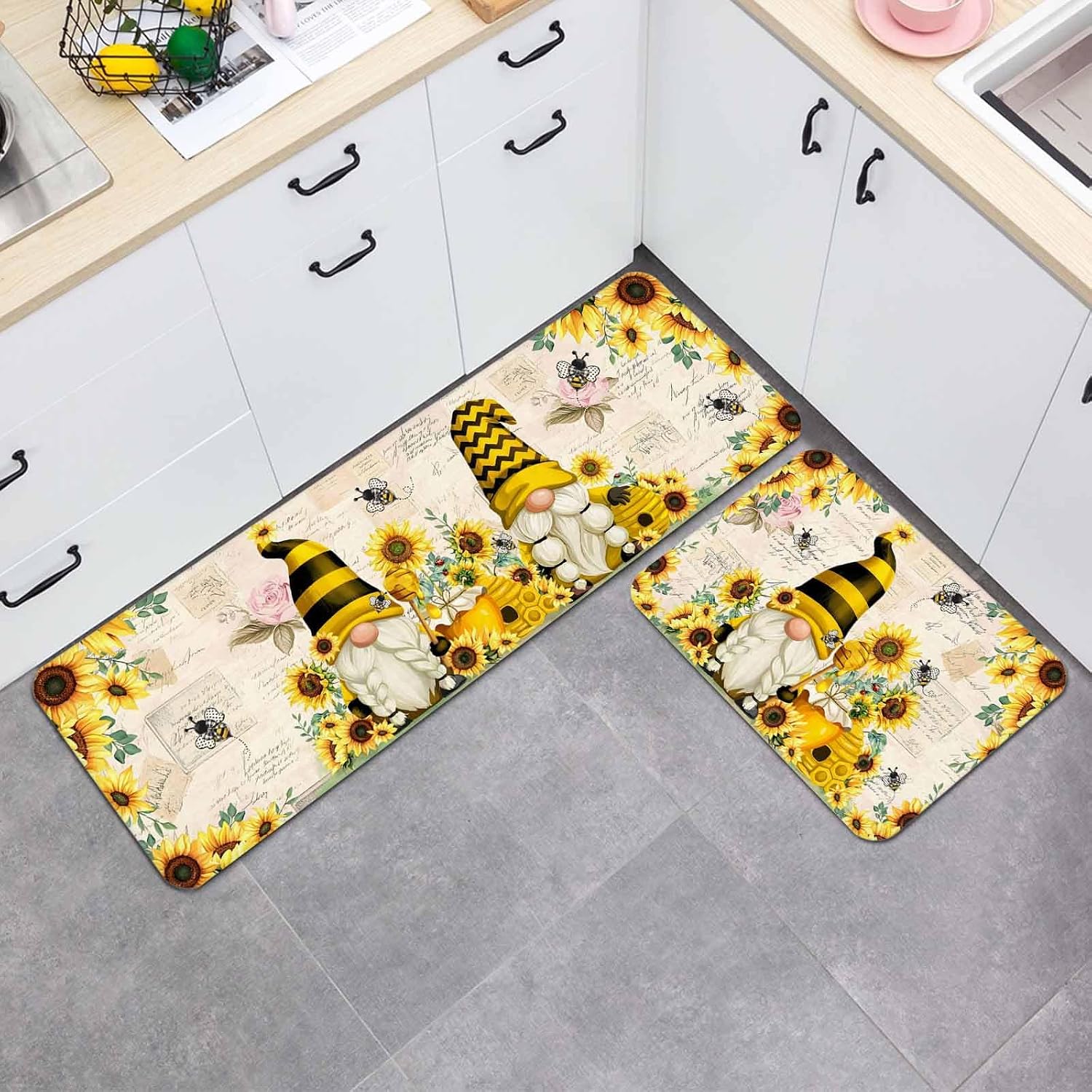 Prime Leader Farmhouse Rustic Kitchen Mat Set 2 Pieces Gnome Sunflower Bee Beige Background Non Slip Kitchen Rugs Washable Runner Rug Mats for Sink Laundry (19.7" x 31.5"+19.7" x 47.2")