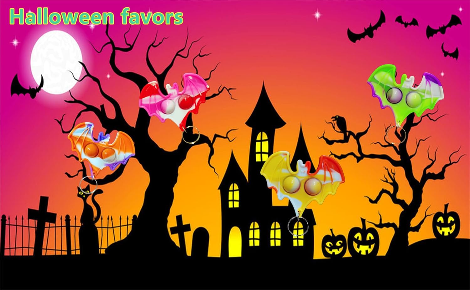 20 Packs Bat Animal Mini Pop Rainbow Keychain， fidgets Bubble Toys for Kids Children Classroom Students Gift from Teacher，Halloween Party Favors Birthday Gift