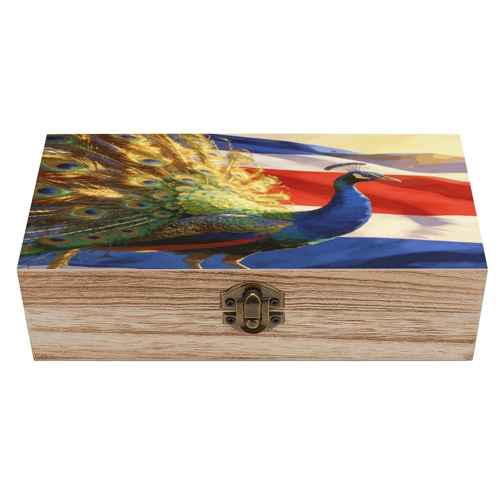 LZQPOEAS Colorful Peacock And National Flag Wooden Keepsake Box Wooden Storage Box Container with Hinged Lid Beautiful Wood Memory Box Decorative Jewelry Case for Crafts Art Hobbies & Trinket Storage
