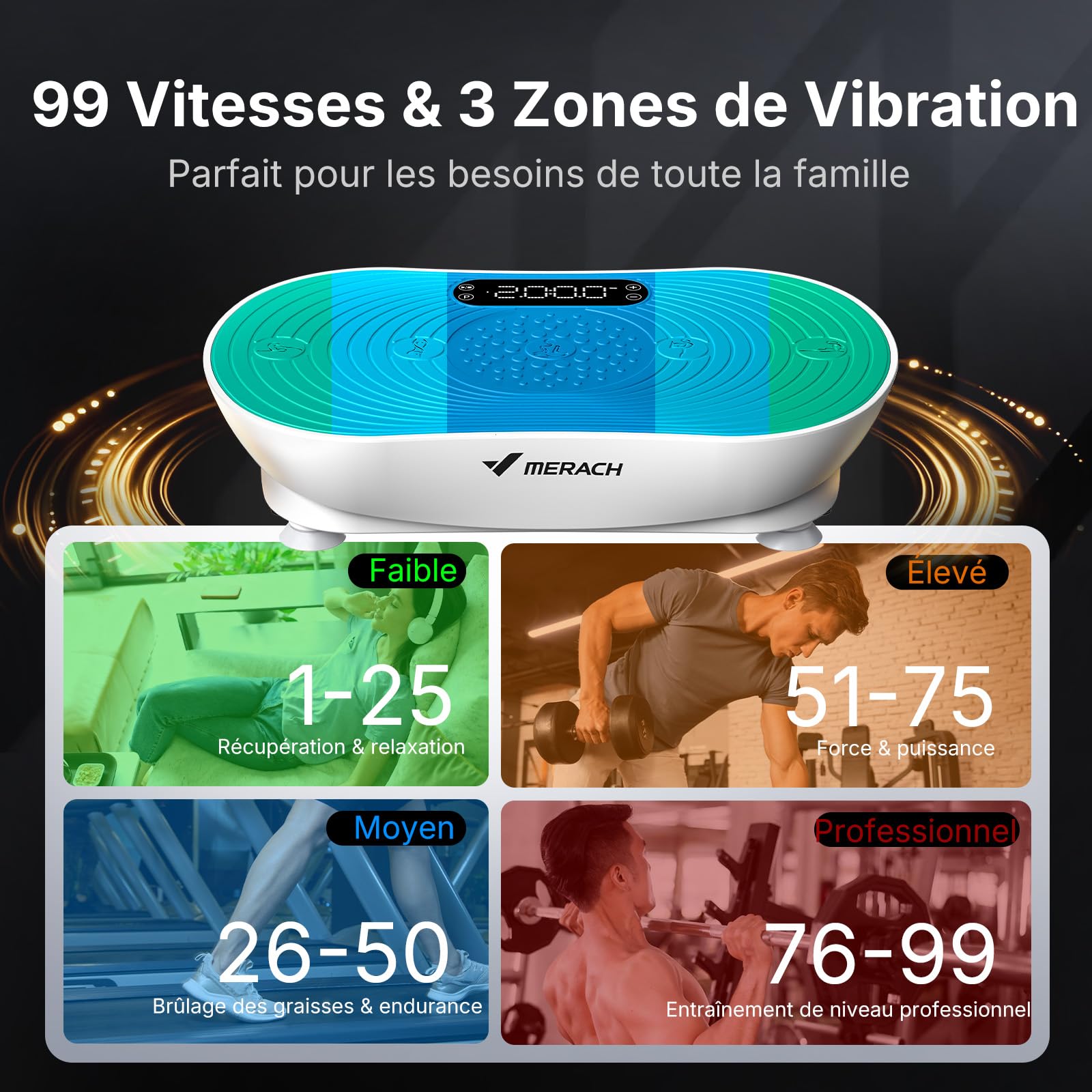 MERACH Plateforme Vibrante avec 99 Niveaux de Vitesse, Haut-Parleur Bluetooth Intégré, Écran Tactile LED