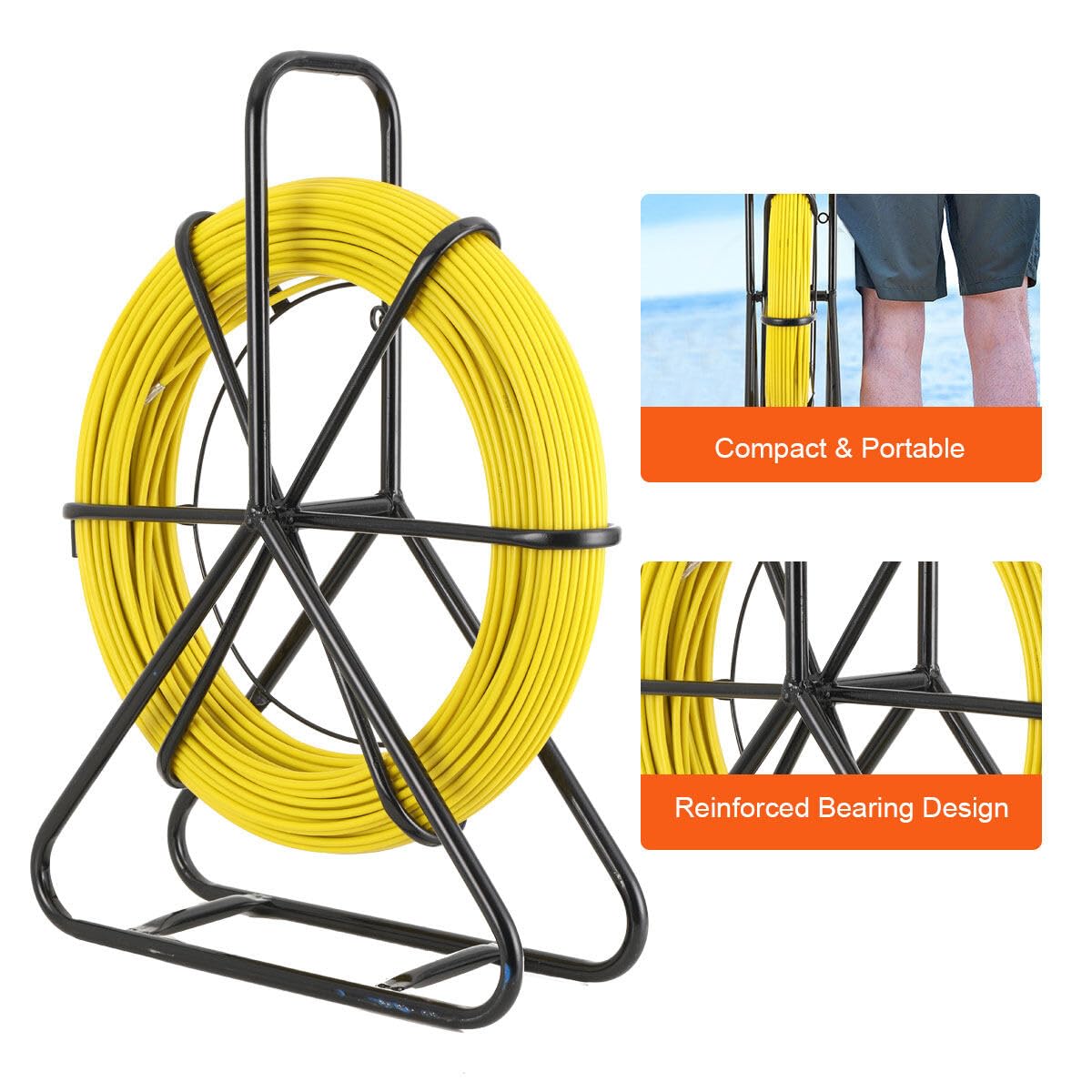 Fish Tape - Nastro in fibra di vetro da 1/4 di lunghezza 100 m, per cavi elettrici, con supporto per telaio in acciaio, 6 mm x 100 m
