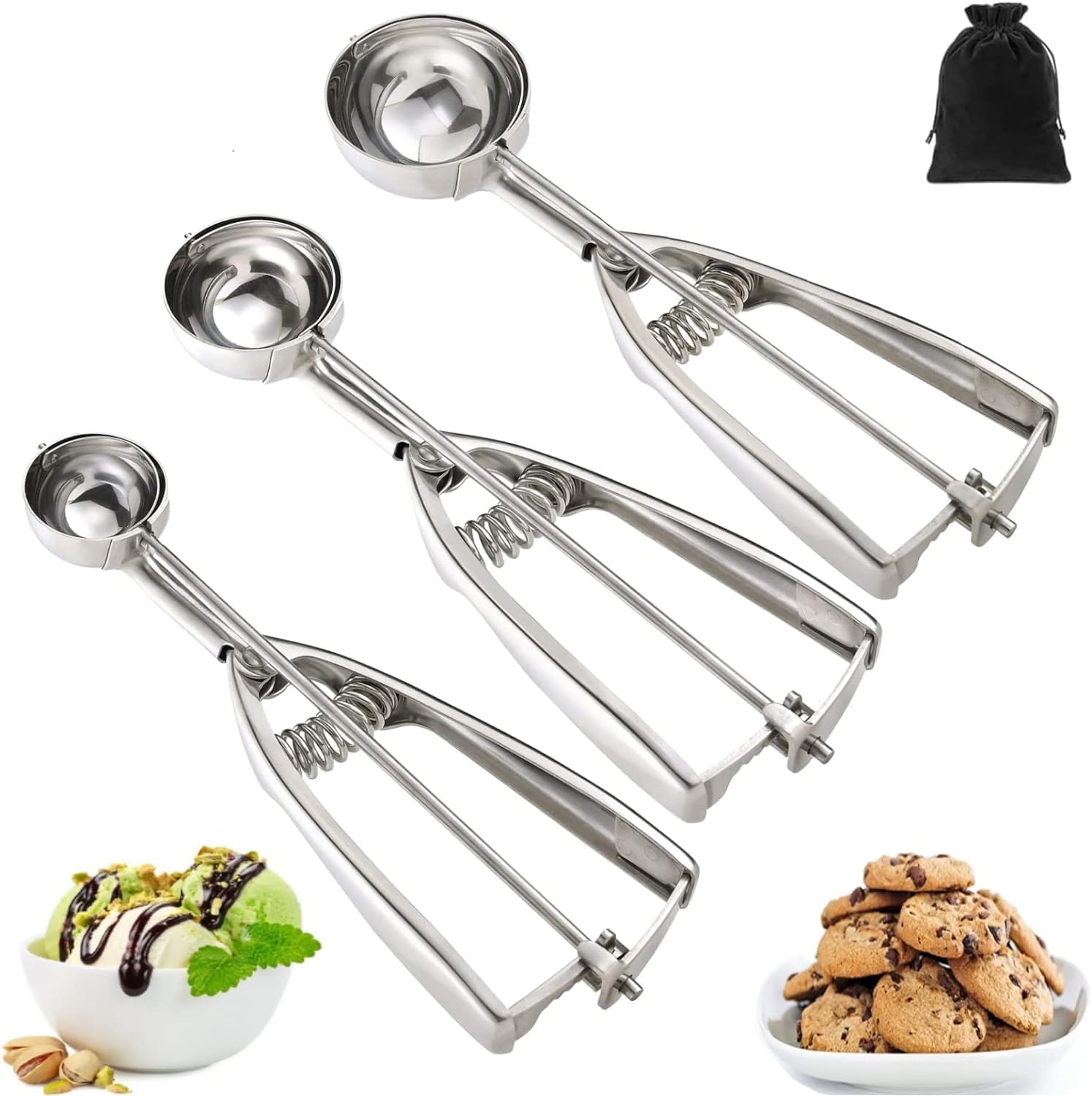 Ice Cream Scoop, 3Pcs Cookie Scoop Set, Stainless Steel Cookie Dough Scoop, Cookie Scoops for Baking Set of 3, Ice Cream Scooper with Trigger Release, Cookie Scooper for Baking, Cupcake Scoop