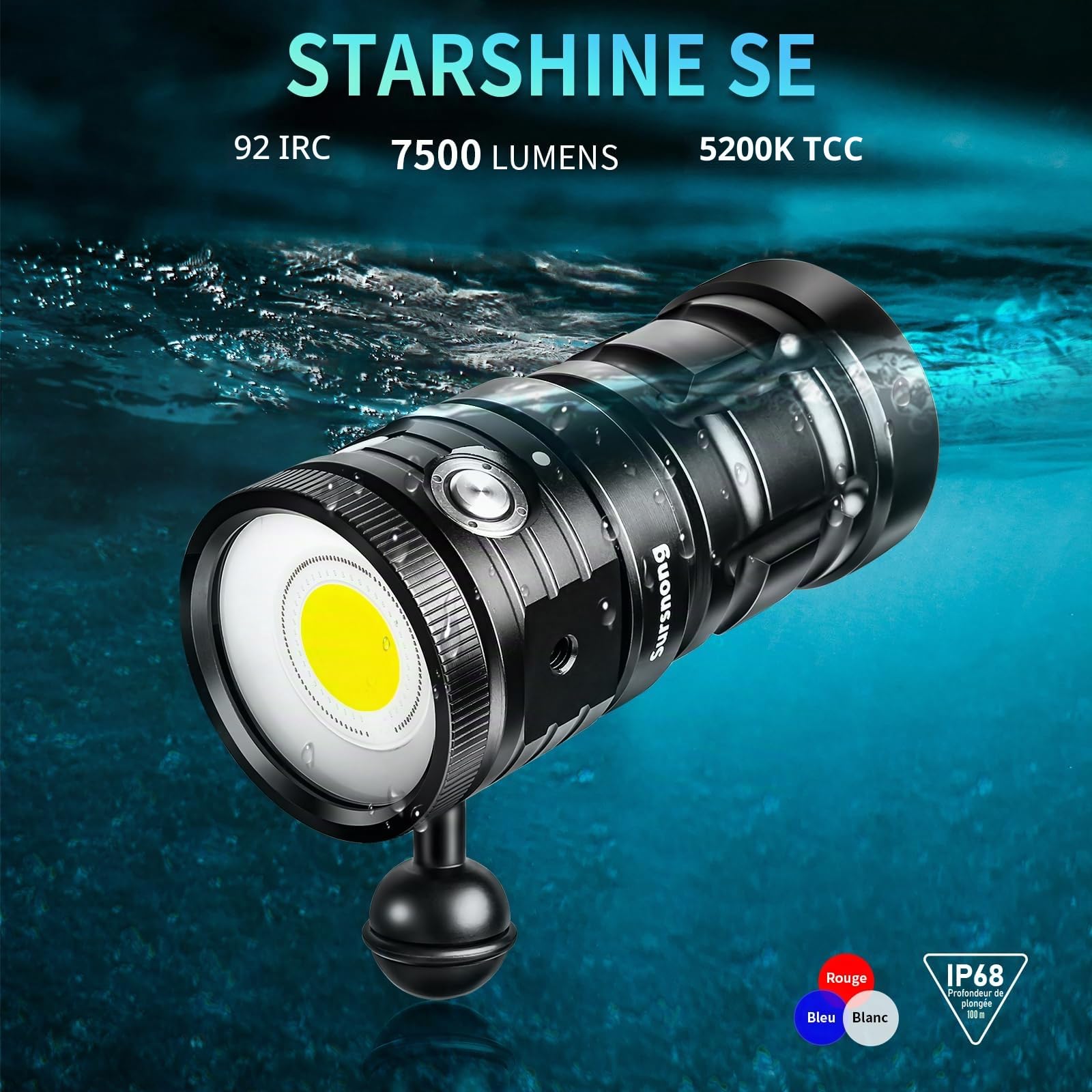 SE 7500 lumens Lampe de plongée – Lampe vidéo sous-marine professionnelle avec CRI 92, lumière blanche 5200K, pour la plongée et la photographie sous-marine (étanchéité IP68, profondeur 100m)
