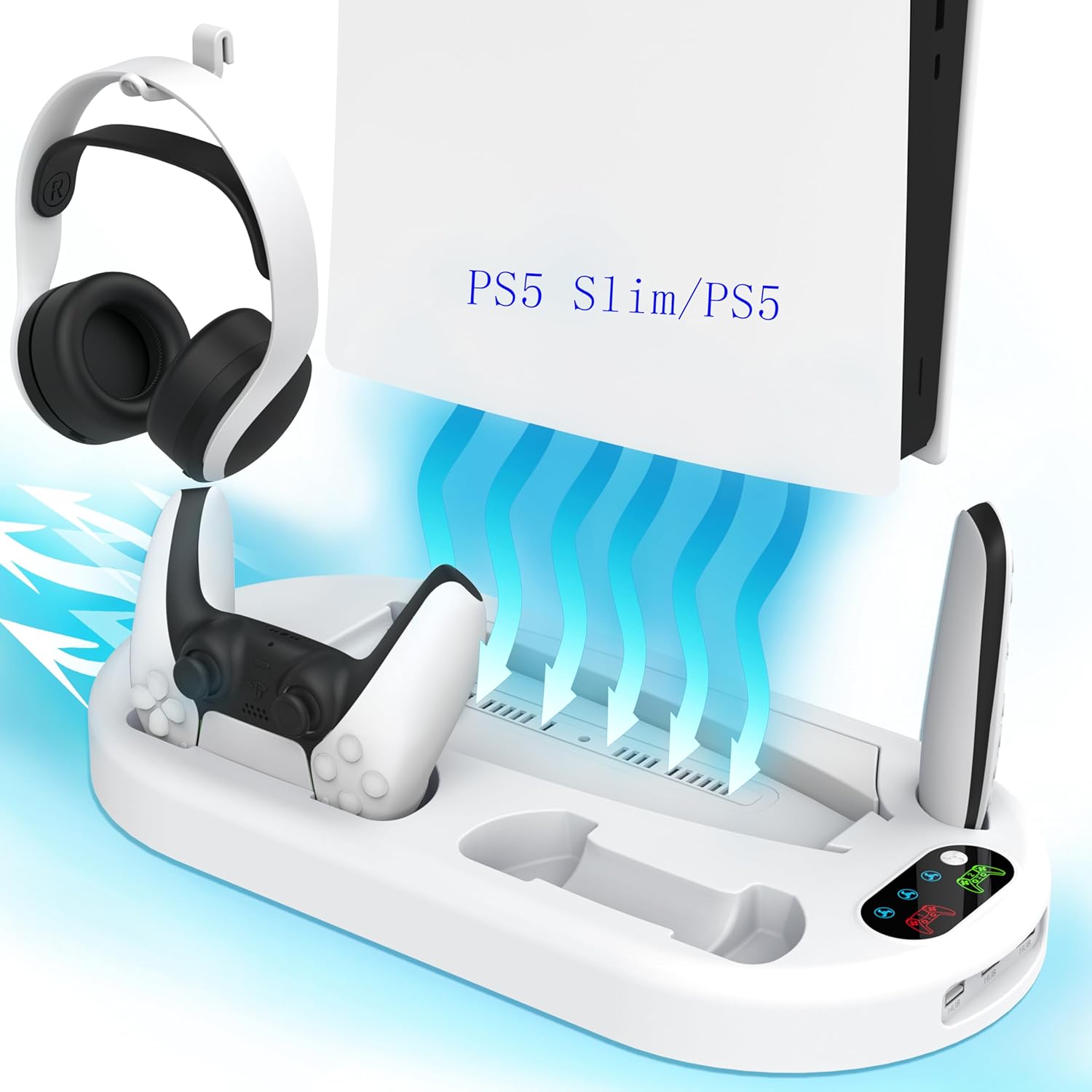 PS5 Slim Stand Dual Controller Charging for PlayStation 5 Console Wall Mount Cooling Controller Fast Charging Vertical Stand Incl 3 Levels Cooling Fan Cooler for PS5 Slim Digital/Disc