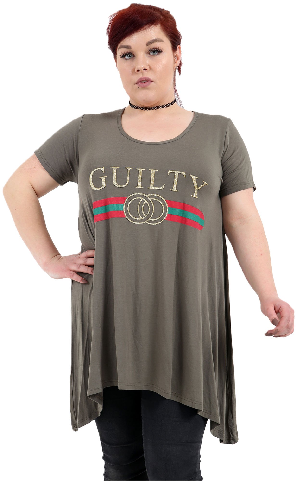 Candid Styles Womens Plus Size Guilty Slogan Printed Hanky Hem Baggy Top T  Shirt 14-28