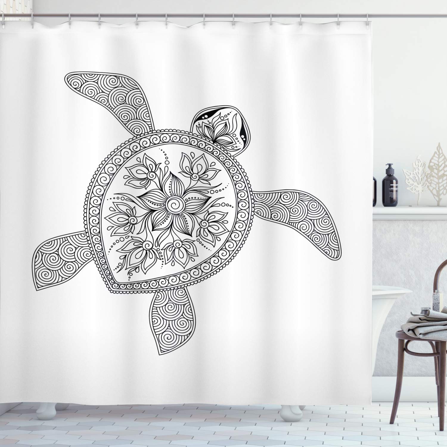Amazon.com: Ambesonne Turtle Shower Curtain, Turtle Design Tattoo Style  Doodles Floral Ornaments Asian, Cloth Fabric Bathroom Decor Set with Hooks,  69" W x 75" L, White and Black : Home & Kitchen