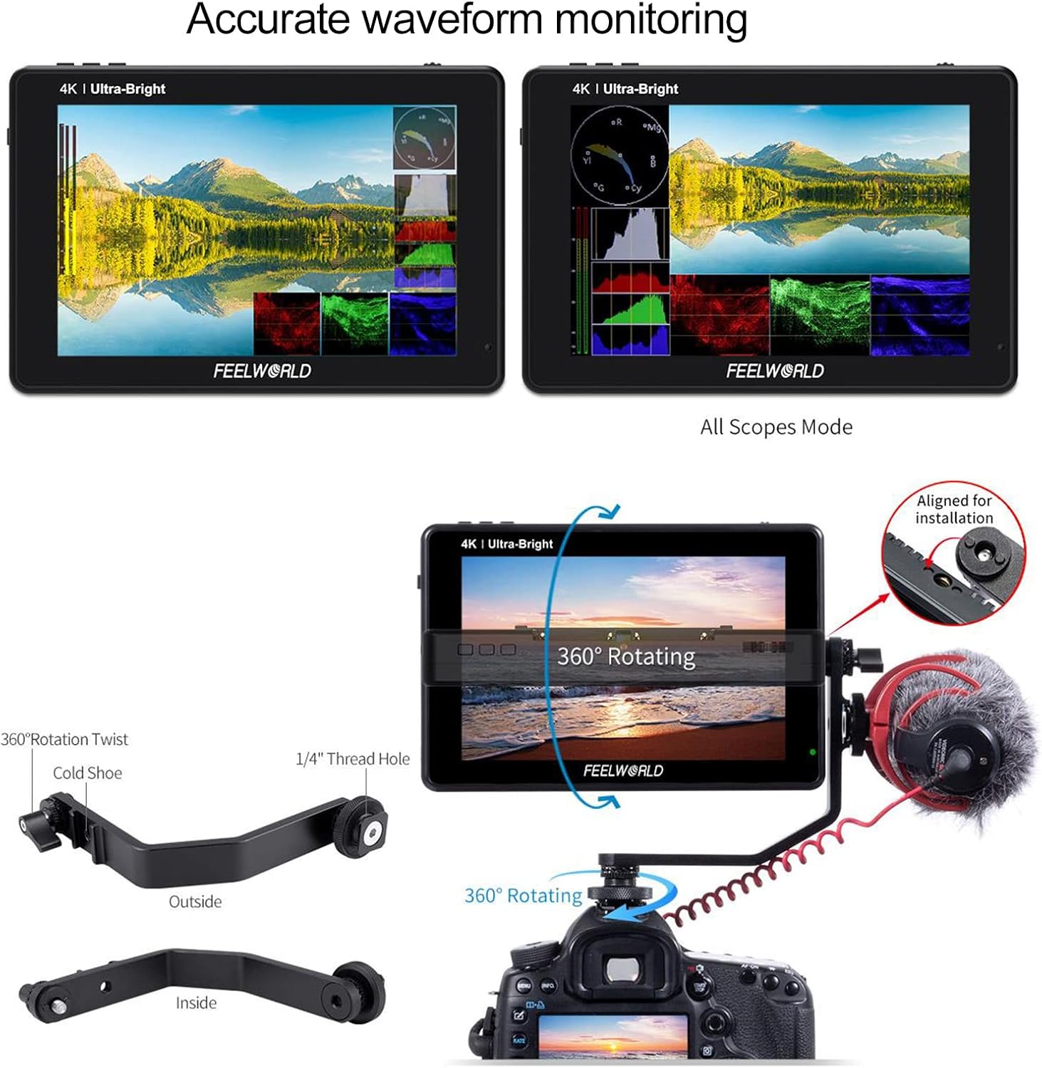 FEELWORLD LUT7 PRO 7 Inch 2200nit Touch Screen 3D LUT DSLR Camera Field Monitor with F970 External Power and Install Kit Waveform Vectorscope 4K HDMI Input Output 1920X1200 IPS Panel