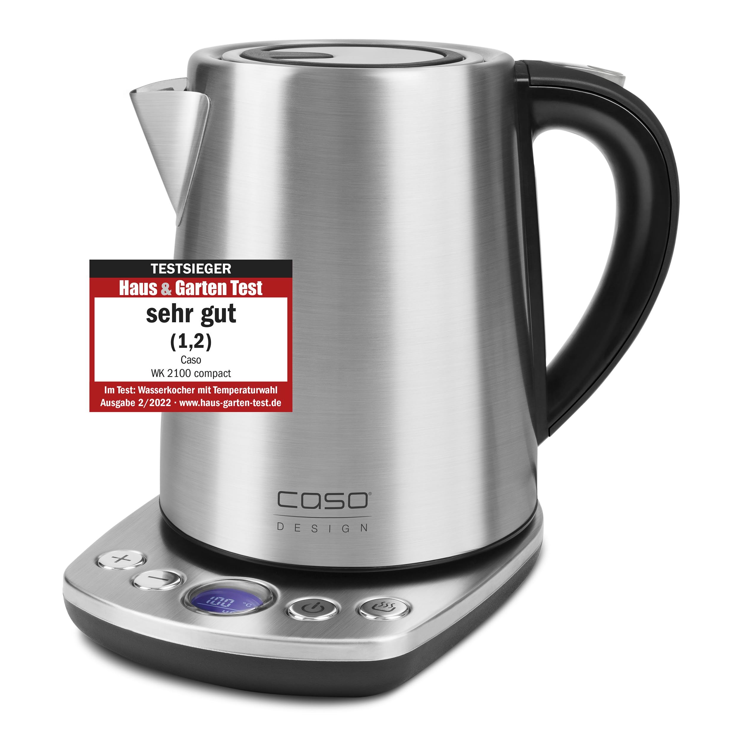 CASO WK 2100 Compact Design Waterkoker, krachtige 2200 watt, compact formaat met 1,2 liter capaciteit, stappen van 10 ° C van 10-100 °C, uitneembaar anti -kalkfilter voor reiniging