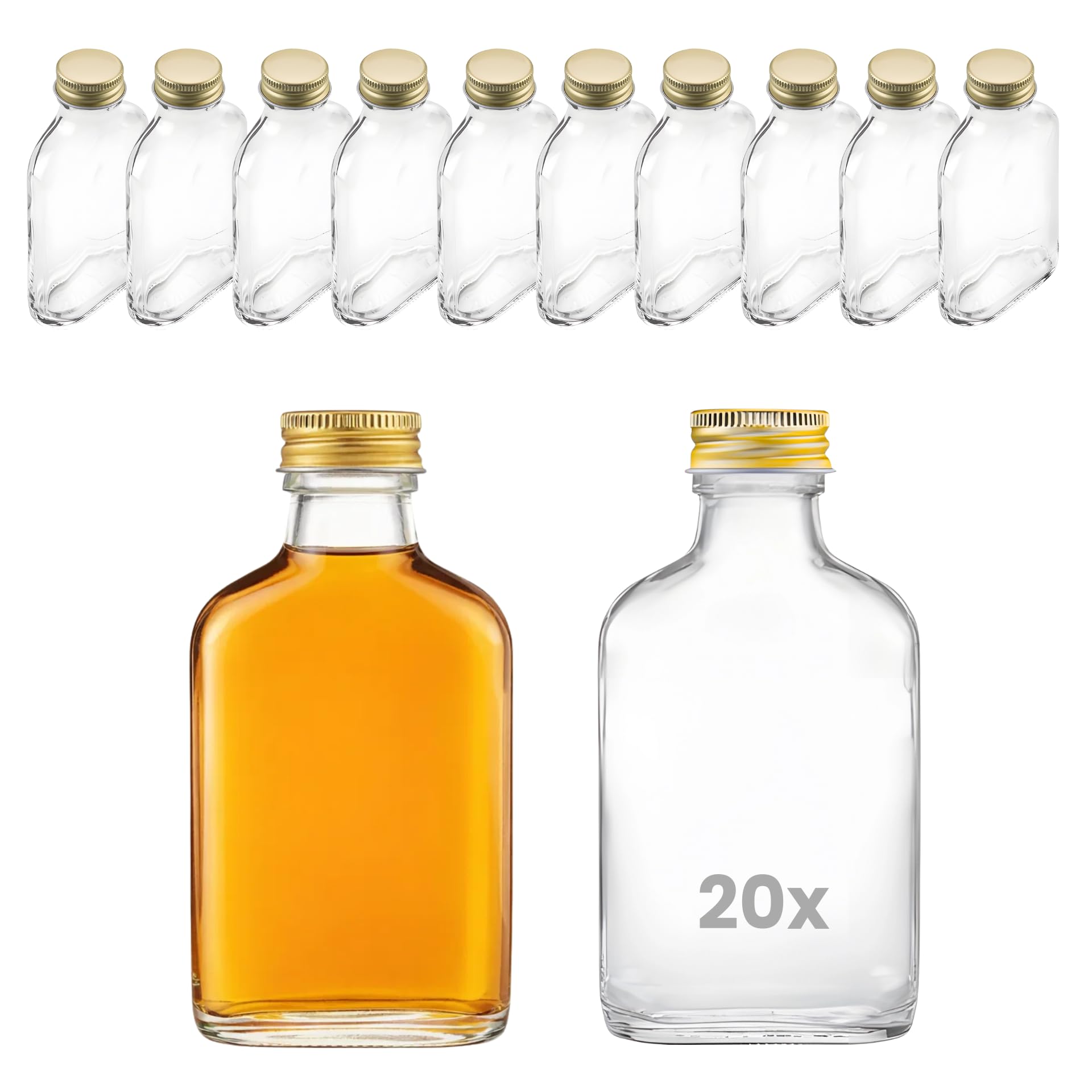 20x Glasflasche 100ml Flachmann mit Schraubdeckel in Gold und Etiketten