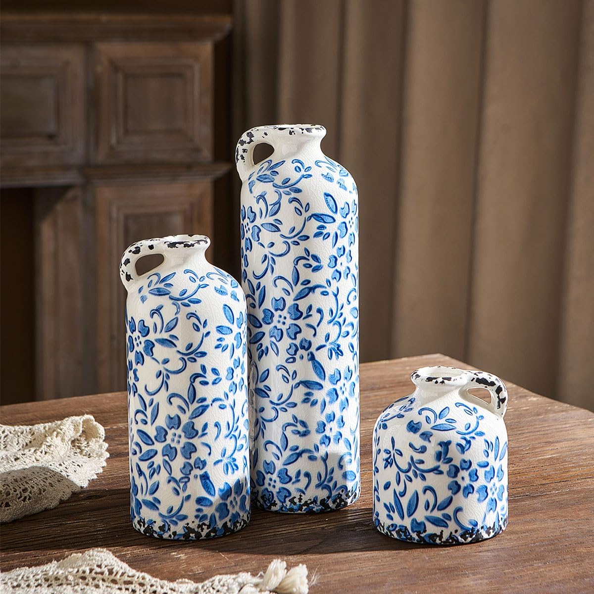 Ceramic Vase Set of 3, Vintage Blue and White Vase, Chinoiserie Floral Vases, Rustic Farmhouse Ceramic Vases for Home Decor, Blue Vase for Living Room, Kitchen Island, Bookshelf, Chinoiserie Decors