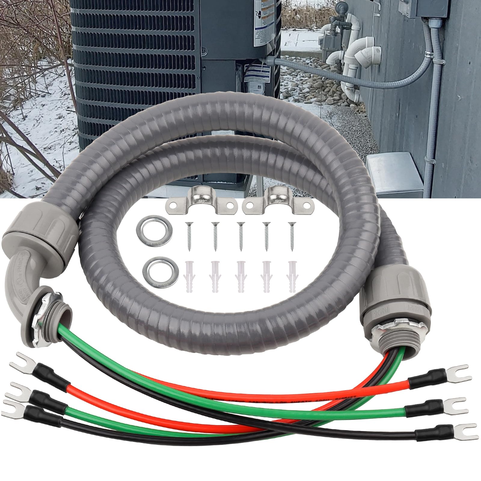 1/2Inch Power Whips Assembly, 4FT Nonmetallic Liquid Tight Flexible Conduit Wire with 3 Conductors 10 Gauge THHN Electrical Wires, A/C Hook-up Whip