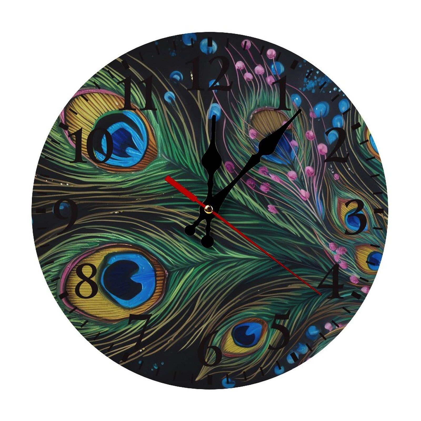 NTVOWPZO 10 Inch Wall Clock Peacock Feather Battery Operated Wall Clocks Silent Non-Ticking Round Wall Clock for Living Room Kitchen Home Office Wall Decorative Clock