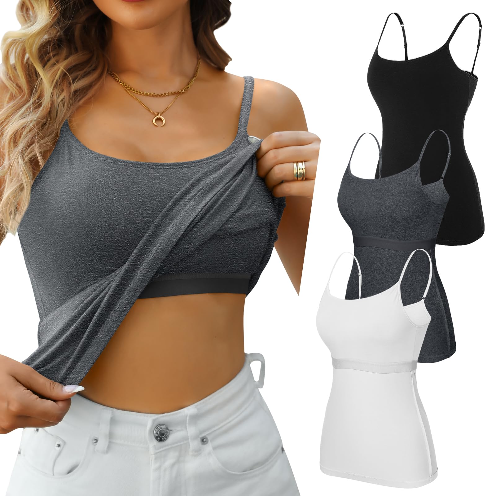 V FOR CITY Unpadded Tank Top for Women with Shelf Bra Cotton Camis 3 Pack