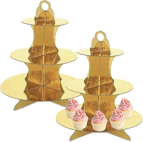 Soporte para cupcakes, paquete de 2 platos redondos de cartón de 3 niveles para postres, pasteles de frutas, soporte para base de cupcakes, bandeja