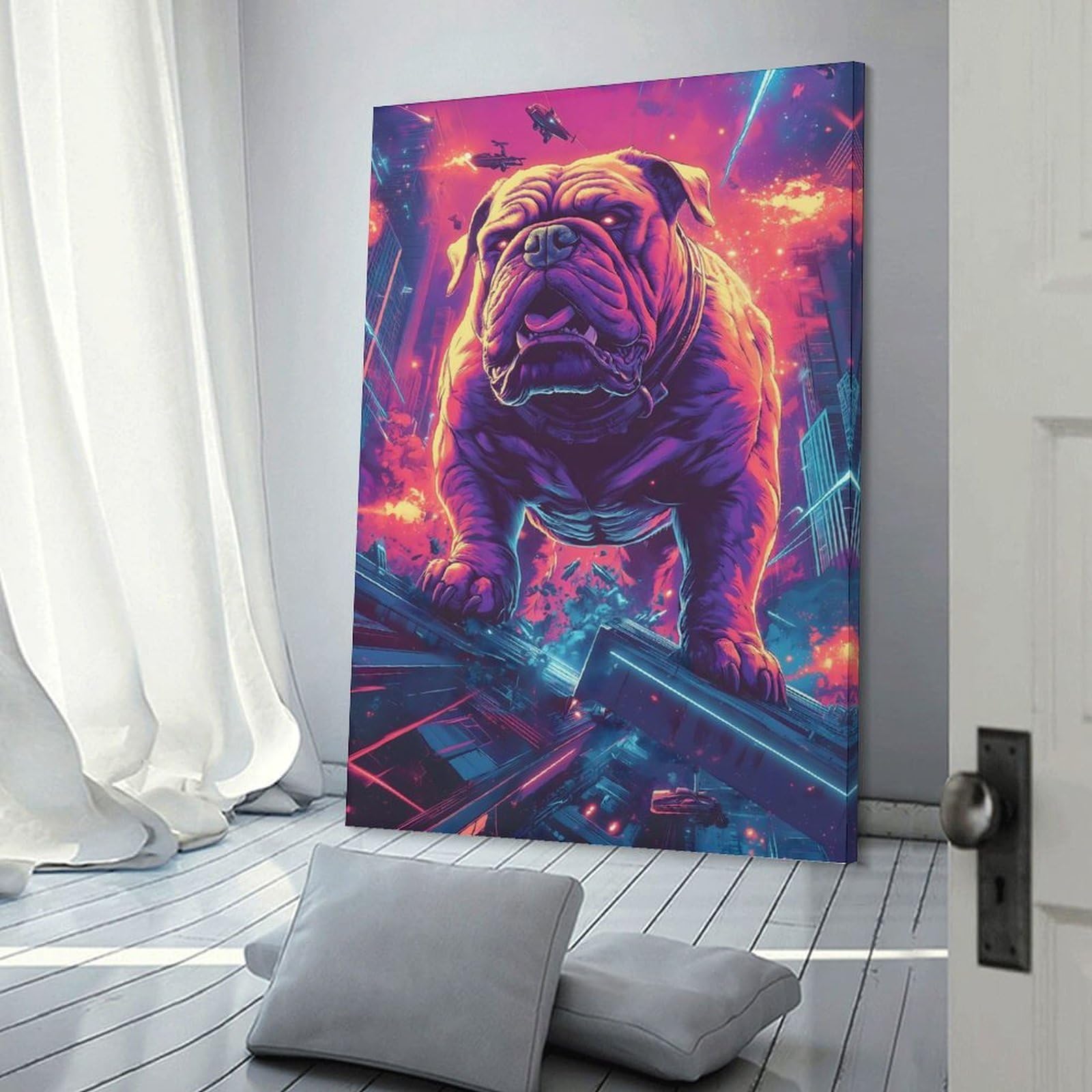 Junmoney Cyberpunk Bulldog in Futuristic Cityscape Japan Decorative Wall Artwork, 12x18inch(30x45cm), for Home Lounge, Bedroom Or Reading Nook, Easy Decor for Gallery Walls