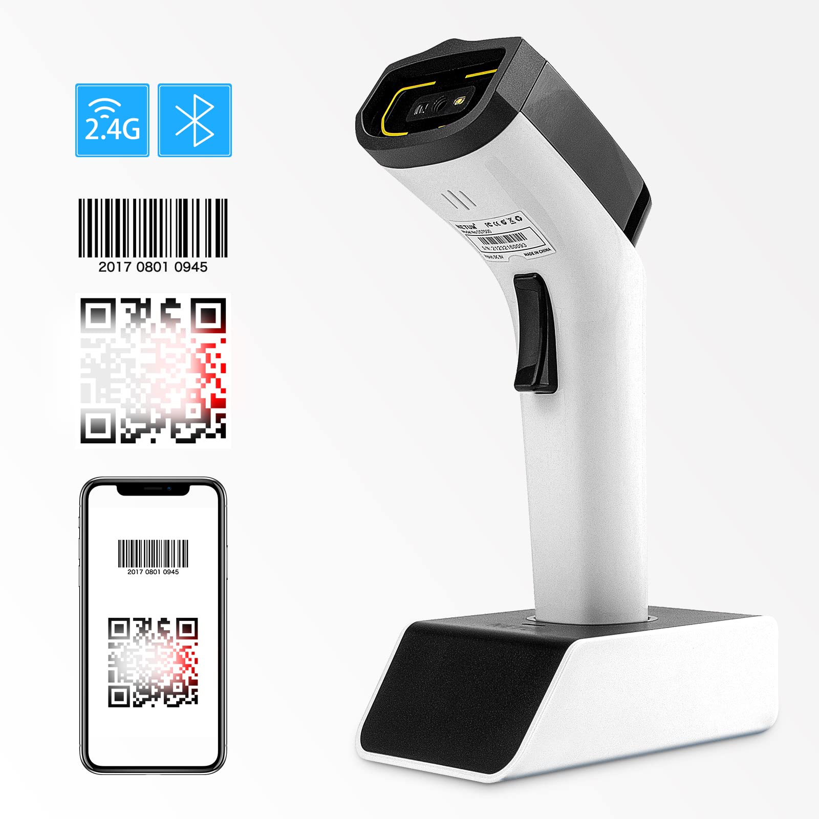 NETUM Escáner de Código de Barras Inalámbrico Bluetooth con Base de Carga Pistola de Escaneo de Detección Automática Funciona con Mac OS, Windows, iOS, Android - DS7500 (Blanco) | Con base de carga y memoria integrada, escaneo automático, rápido y preciso