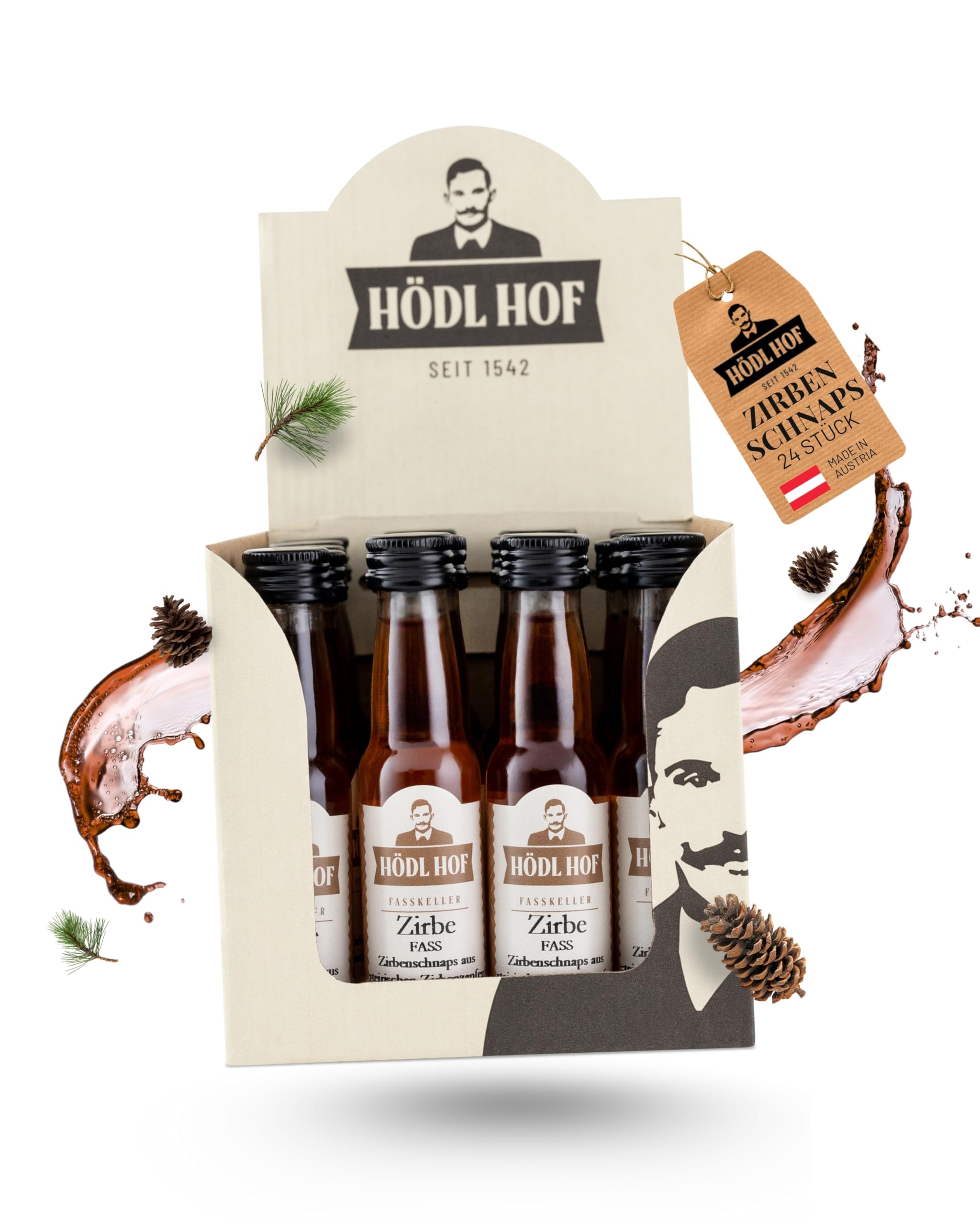 Hödl Hof Zirbe Fass 24x20ml I Zirbengeist im Eichenfass gelagert I Zirbenschnaps aus hochwertigen Zutaten I Feiner Schnaps aus steirischen Zirbenzapfen I Edle Spirituose 38% vol