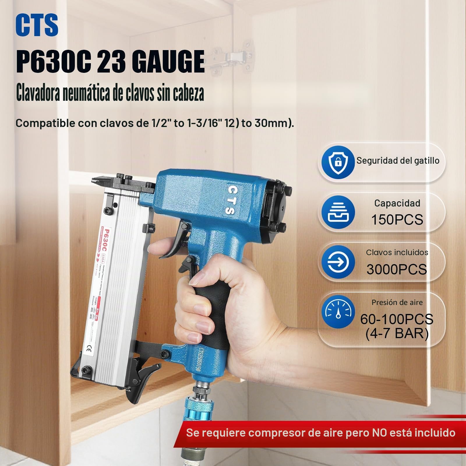CTS P630C - Clavadora de pines de calibre 23 con 3000 piezas de clavos, pistola neumática sin cabeza con gatillo de seguridad, se adapta a clavos de pin de 1/2'' a 1-3/16'' (12 a 30 mm), micro