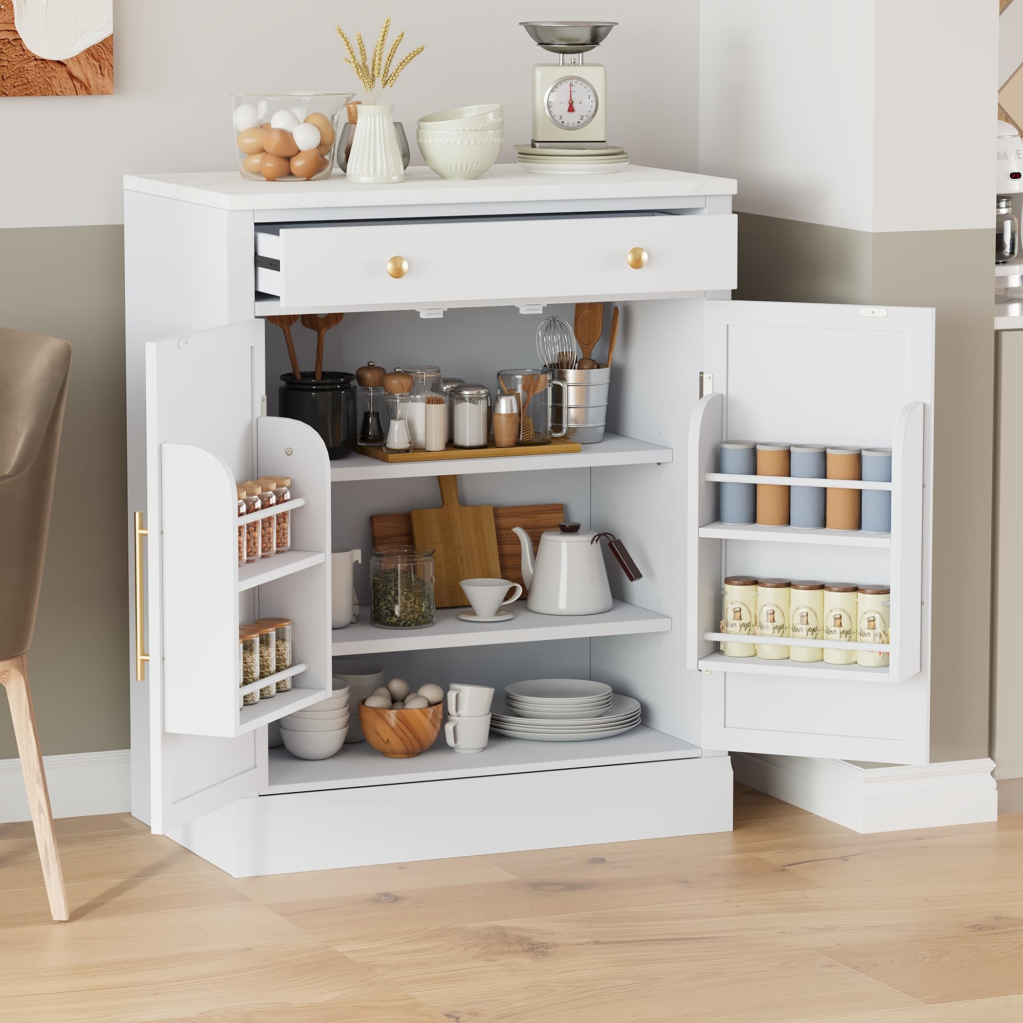 Modern Freestanding Kitchen Pantry with Drawer, Buffet Food Storage, Coffee Bar Cabinet with 2 Adjustable Shelves and 2 Door Shelves, Wood Storage Cabinet for Dining, Kitchen (White-5)
