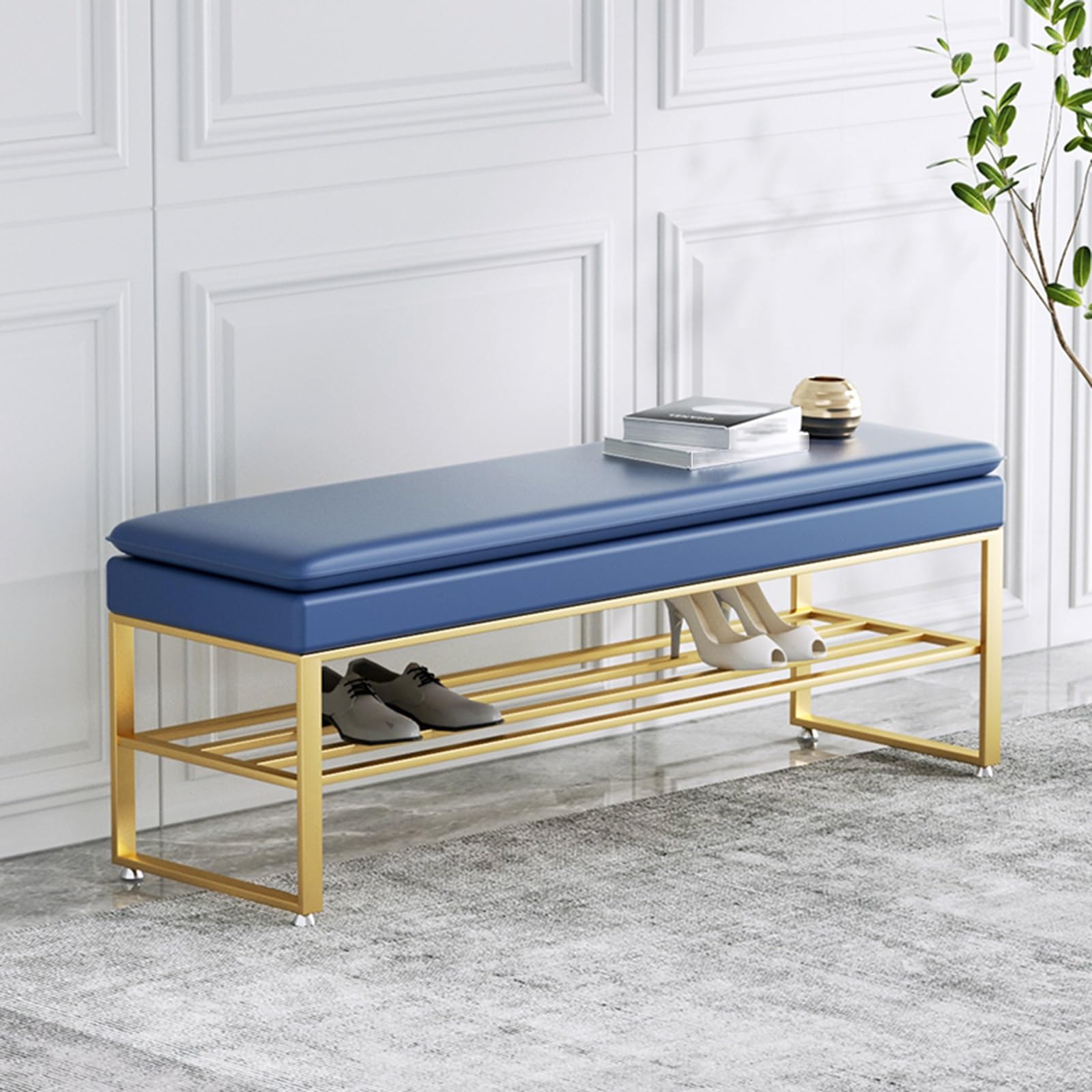 Banc à chaussures en métal bleu doré, le meuble de rangement raffiné de 120 cm