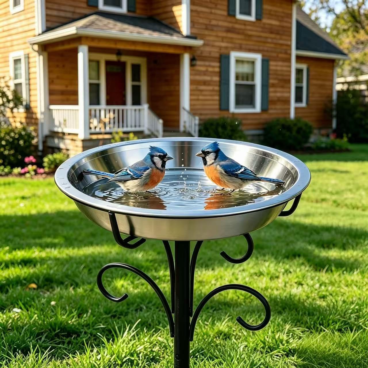 Fire Beauty Staked Stainless Steel Bird Bath for Outdoor Backyard Wildlife